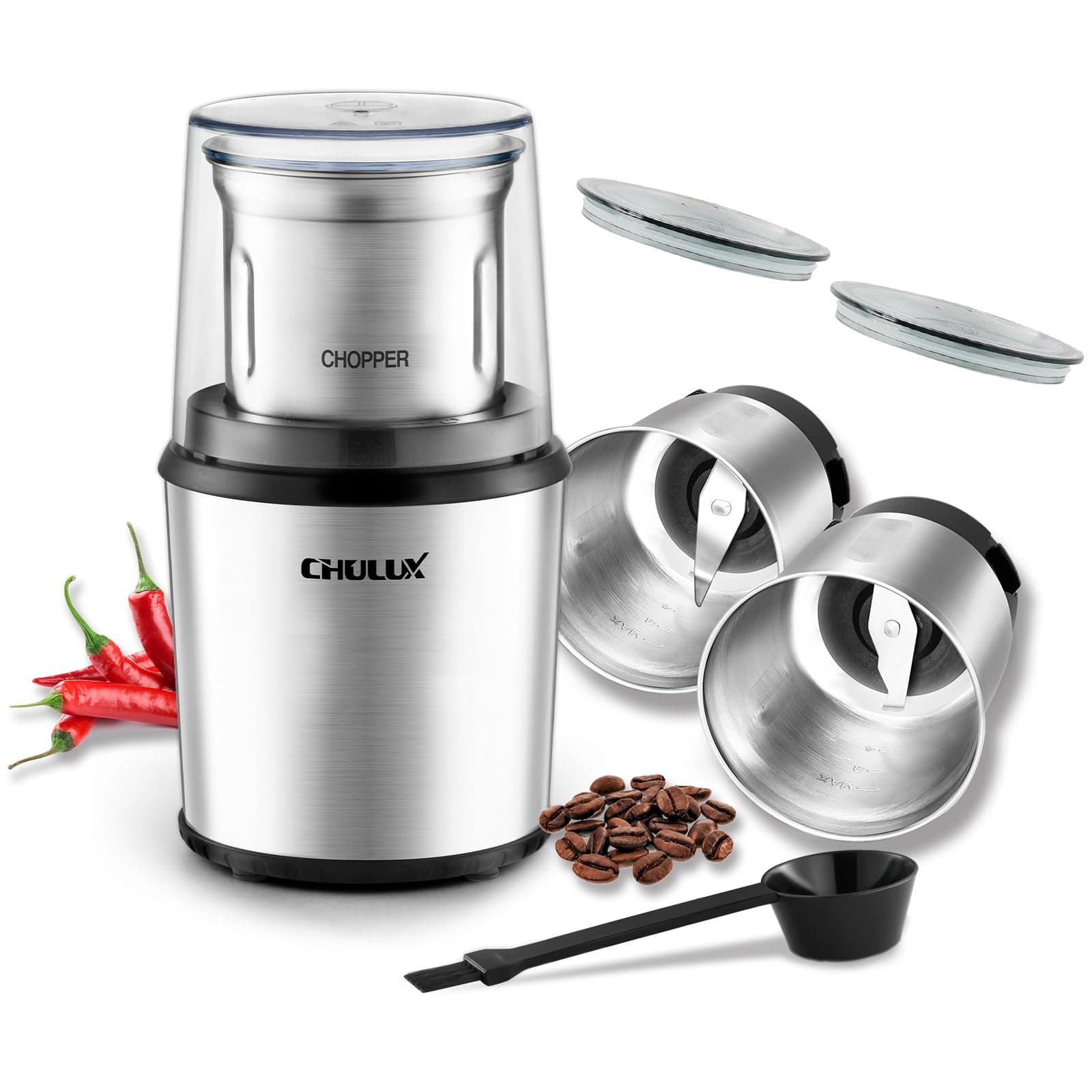CHULUX Coffee Grinder Electric,Built-In Sharp Blade Spice Grinder with 2 Detachable Stainless Steel Bowls for Coffee, Spices, Herbs, Nuts, Grains,Lid Actived Safety Switch