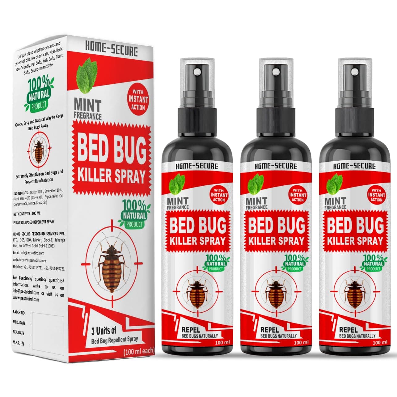 Home-Secure bed bug Killer Spray | Powerfull Herbal bed bug Spray with Instant Action, Long Lasting Protection | Organic Chemical-free bedbug repellent for home (100mlx3)