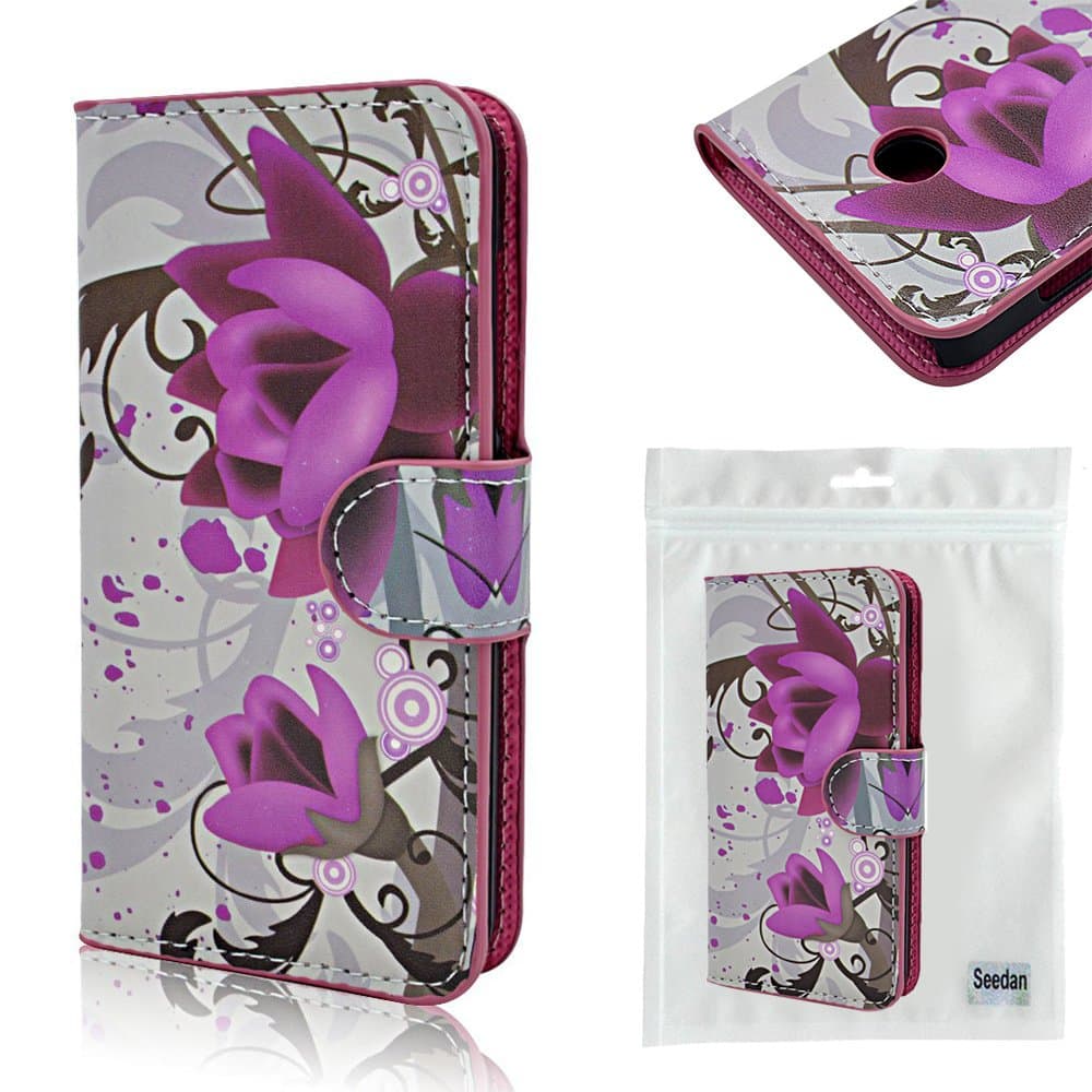 Nokia Lumia 630 Case, Seedan Premium Leather Case [Stand Feature] Classic Series Folio Holster Wallet Pocket for Nokia Lumia 630 635 STAND Flip Cover with [Card Slots] - (White) Purple Lotus