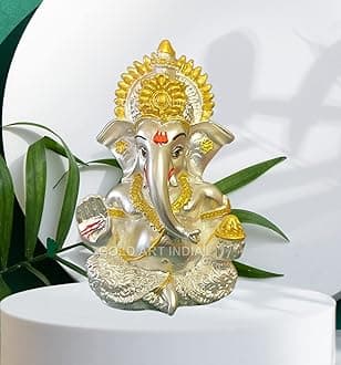 Gold Art India 999 Silver Plated Ganesha,Vinayaka,Vinayagar,Pillayar Idol Car Dashboard,Gifting,Home & Office Decor 3.5 inches (Silver) (Silver Matte)