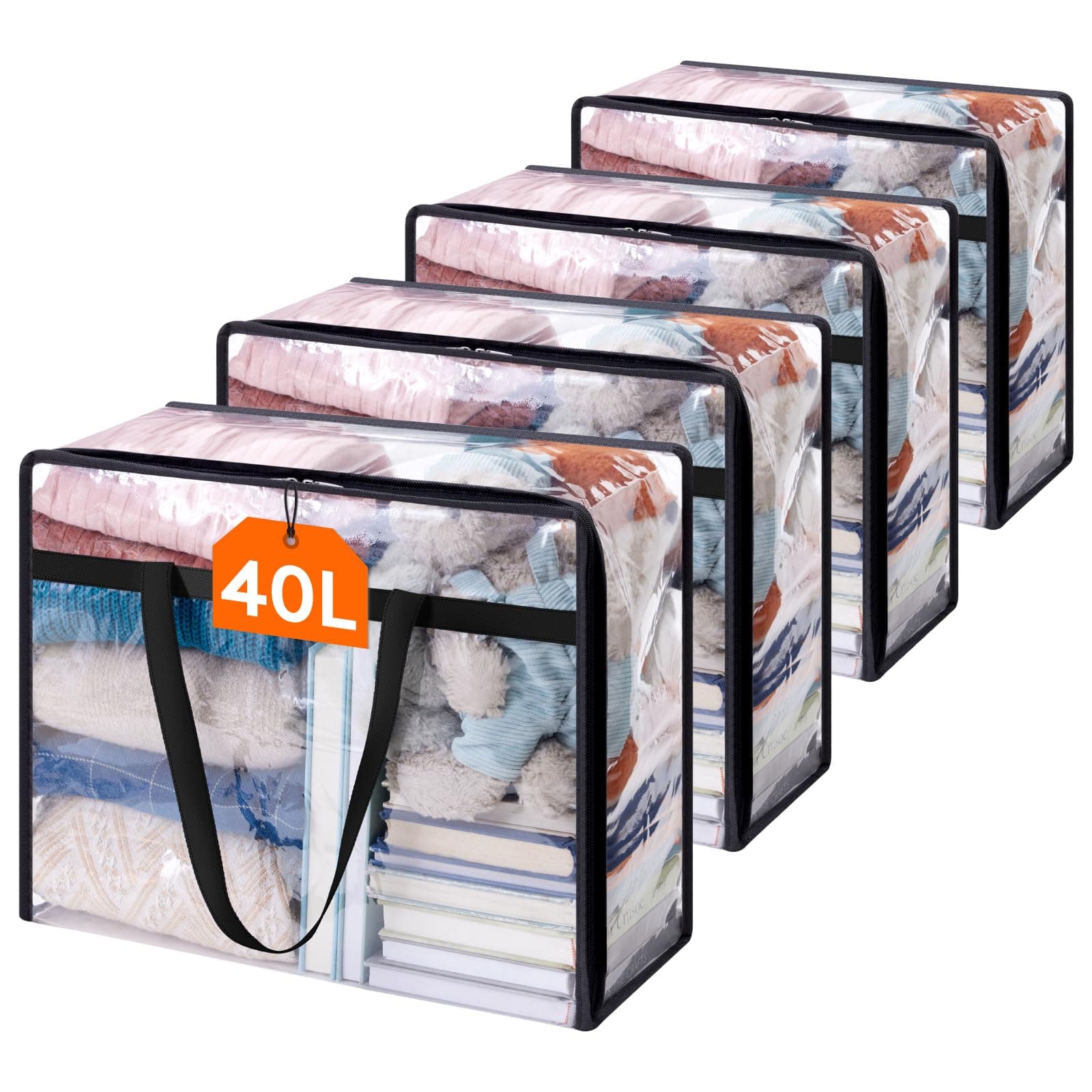 4 Pack Clear Plastic Storage Bags, 40L Foldable Clothes Storage Boxes Wardrobe Organizer Moving Bags with Reinforced Handle for Loft Wardrobe for Bedding Clothes Blanket Duvet