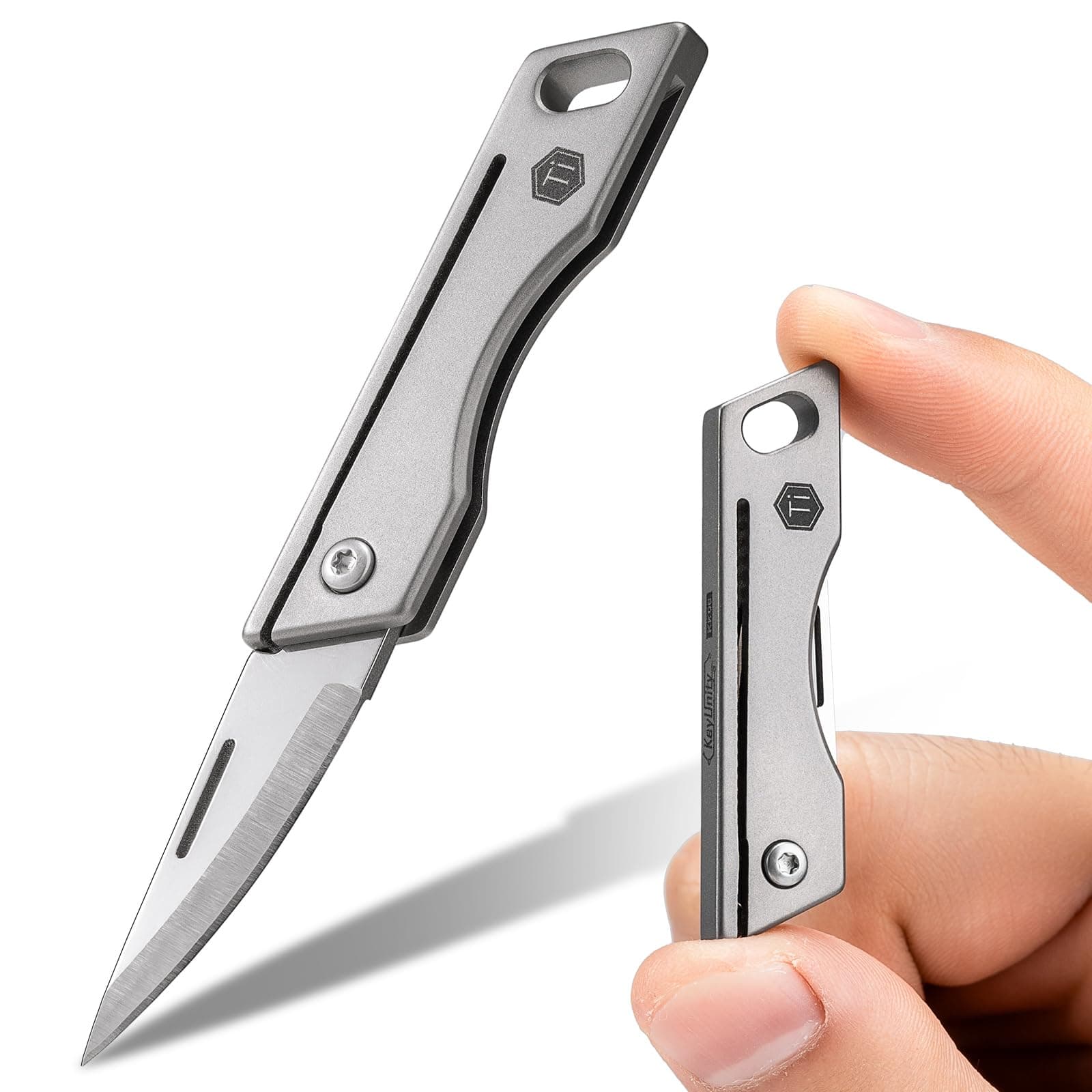 KeyUnity KK06 Mini EDC Pocket Knife, Small Titanium Folding Knife with Built-in Keychain Hole for Everyday Carry(Grey)