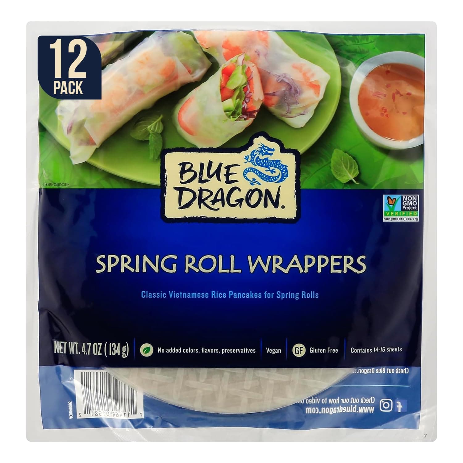 Blue Dragon Spring Roll Wrappers, 15-17 Sheets Per Pack, 4.7 Ounce (Pack of 1), Four Simple Ingredients, Gluten Free, Vegan Friendly, No Preservatives