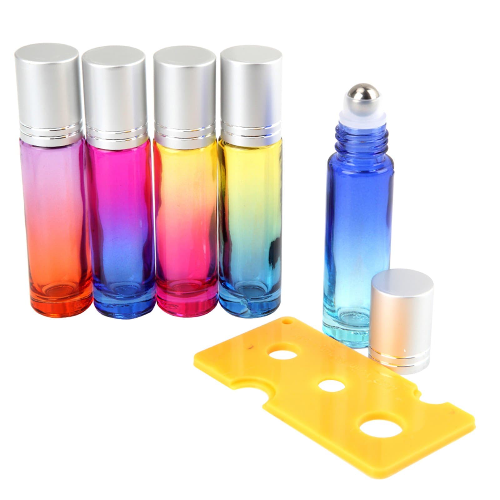 Essential Oil Roller Bottles, 5pcs Glass Roller Bottles 10mL Makeup Sub-Bottling with Bottle Opener, Colourful Fragrance Container Travel Roll On Bottle for Perfume Aromatherapy