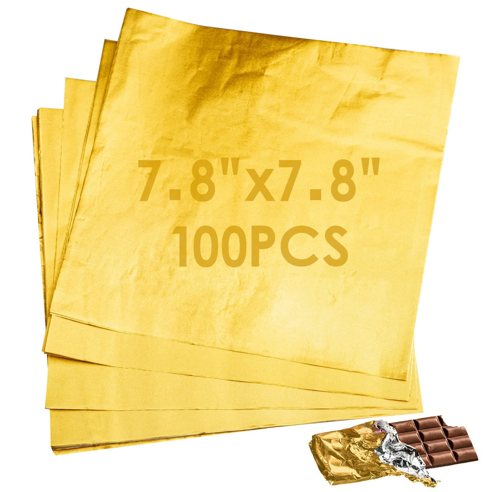 7.8 Inches Foil Wrapper 100pcs Large Chocolate Candy Bar Wrappers Square Gold Wrapping Papers for Protein Energy Bar Break-Apart Chocolate