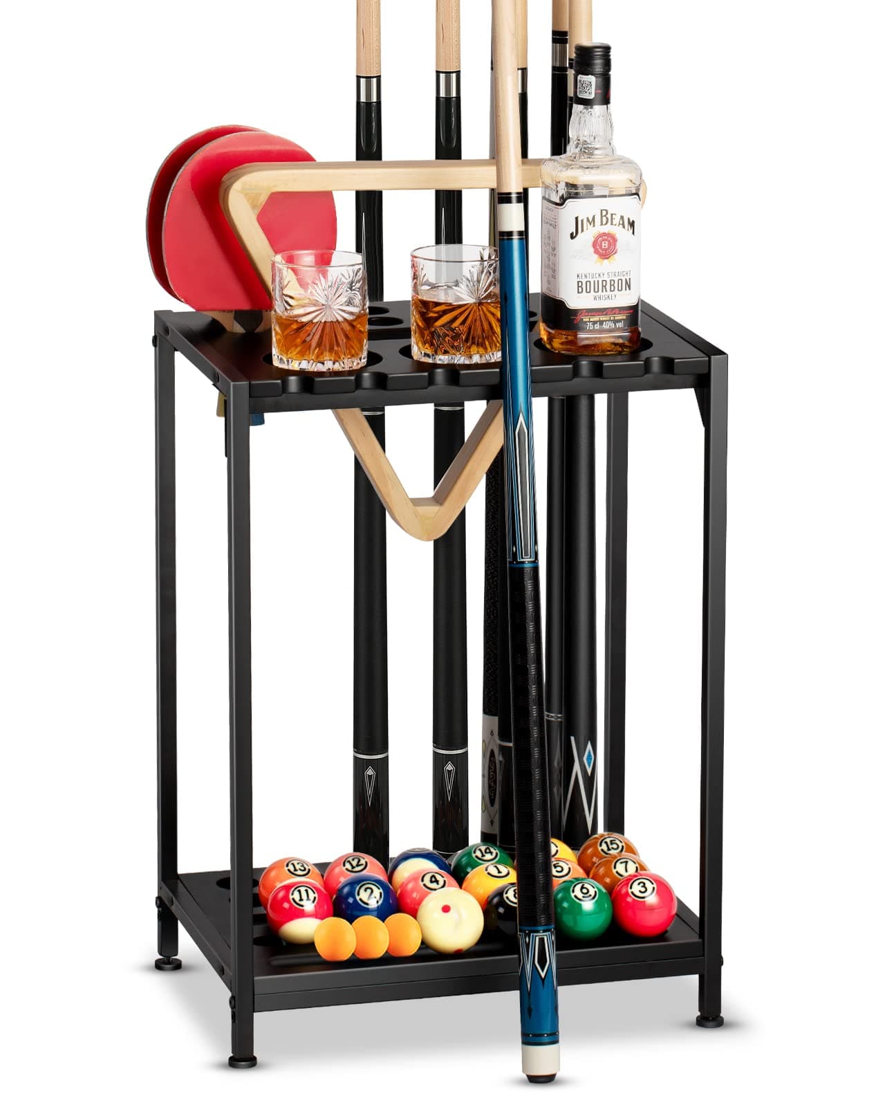 Billiards Pool Stick Holder - Pool Cue Rack Floor Stand & Ping Pong Paddle Holder Hardwood Pool Cue Holder for 12 Cues Sticks Pool Table Accessories Organizer (Black)