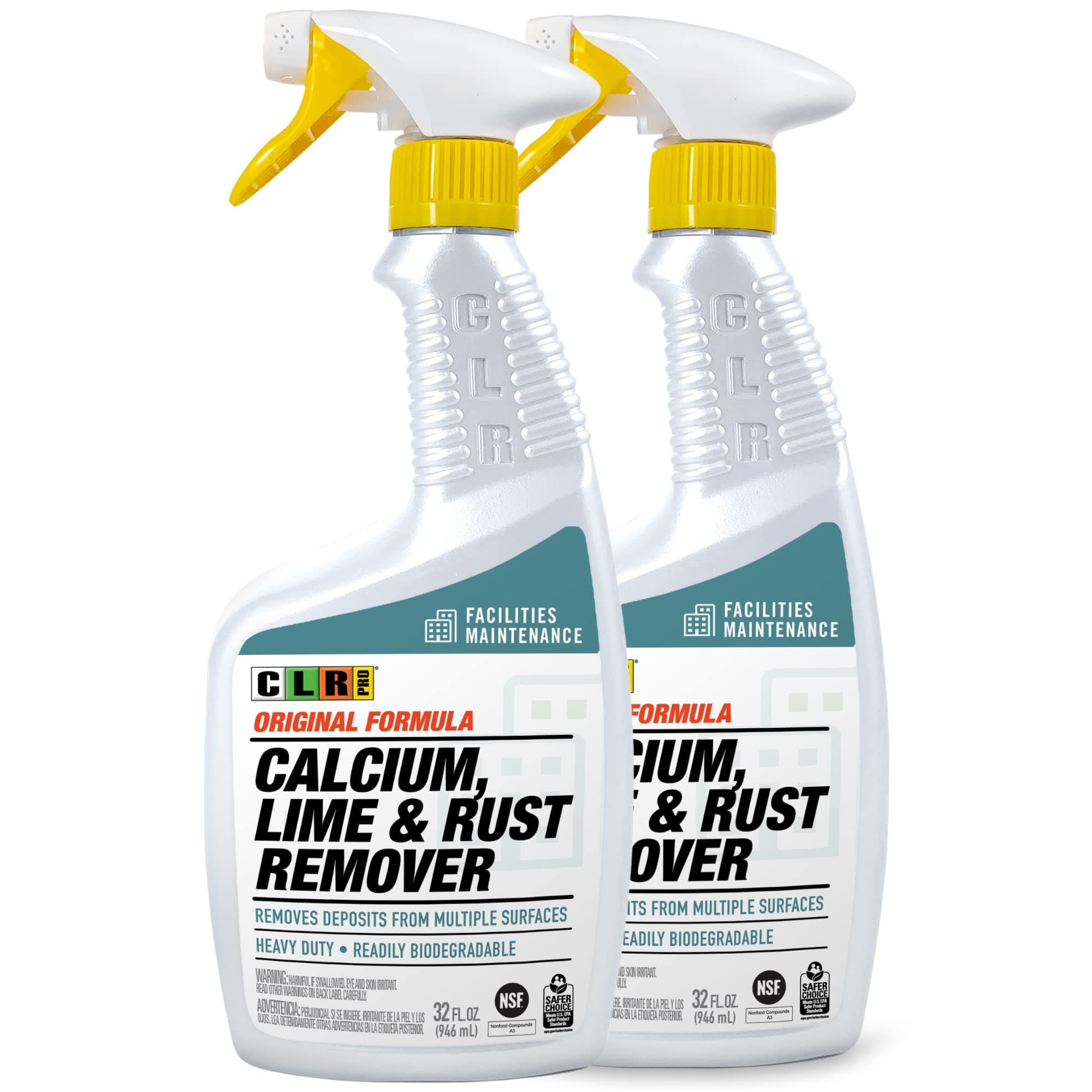 CLR PRO Calcium, Lime & Rust Remover, 32 oz. Spray Bottle, Pack of 2, Quickly Removes Calcium, Lime, Hard Water Deposits and Surface Rust Stains