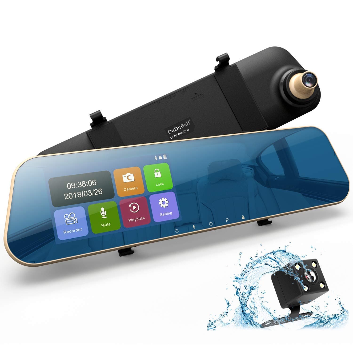 Mirror Dash Cam, DuDuBell 4.3” Touch Screen Car Dash Cam 1080P 290° Wide Angle Mirror DVR, Dual Dashboard Recorder with 6G HDR Night Vision Front Cam and IP 68 Waterproof LED Rear Backup Cam
