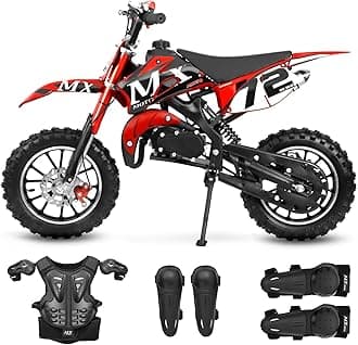 49cc Kids Dirt Bike, Gas Powered 2-Stroke Dirt Bike, Off-Road Dirtbike for Kids with Front/Rear Disc Brakes, Shock Absorption, Armor, Max Speed 30MPH (Red)