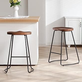 HeuGah Bar Stools, Solid Wood Barstools Set of 2, 26" Counter Height Bar Stools with Metal Leg, Rustic Backless Bar Stool for Kitchen Island, Bar Chairs with Solid Wood Saddle Seat (Walnut, 26 Inch)