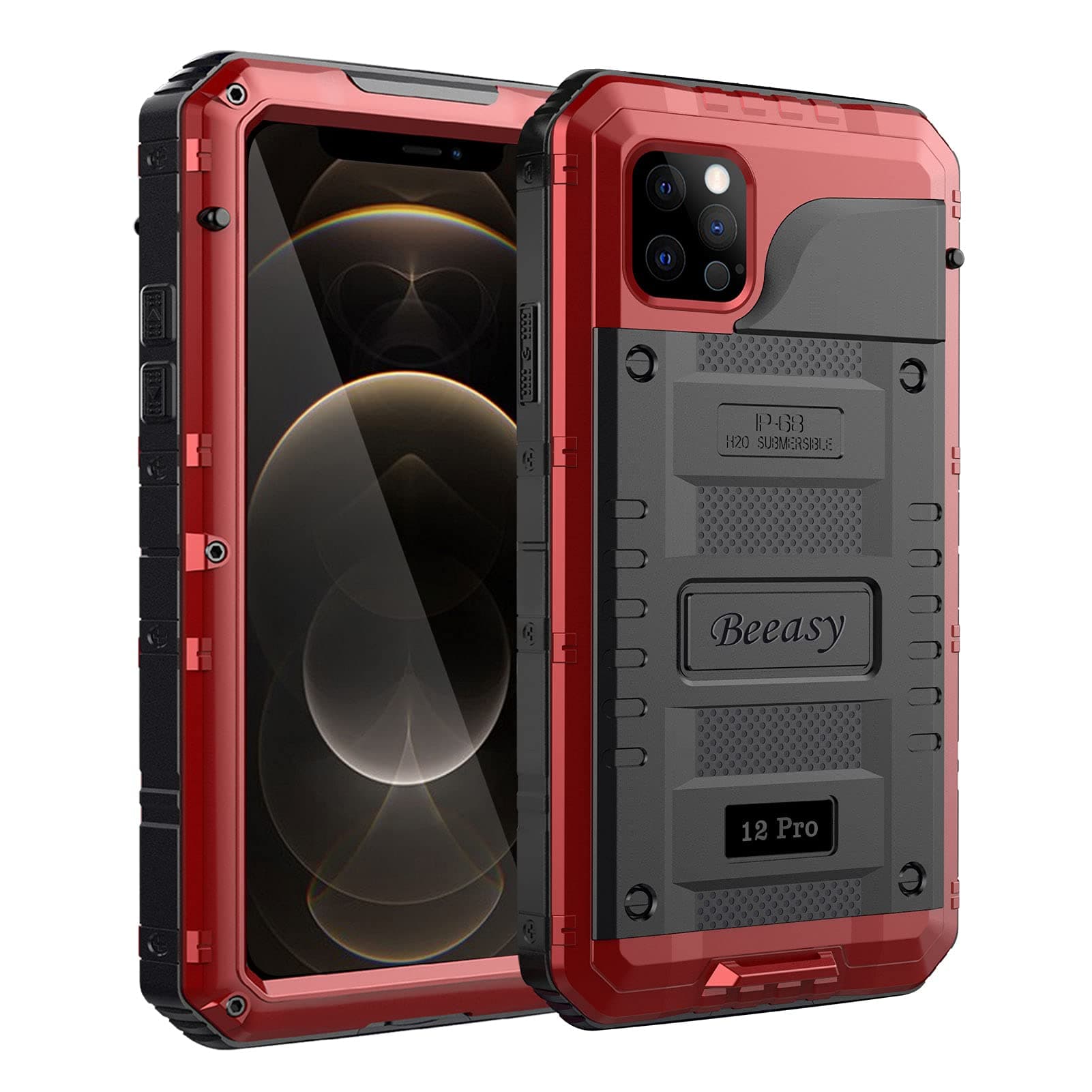 BeeasyCase Compatible with iPhone 12 Pro, Waterproof Shockproof Tough Heavy Duty, Built-in Screen Protector 360 Degree Full Body Military Protective, Metal Rugged Cover for Outdoor Red