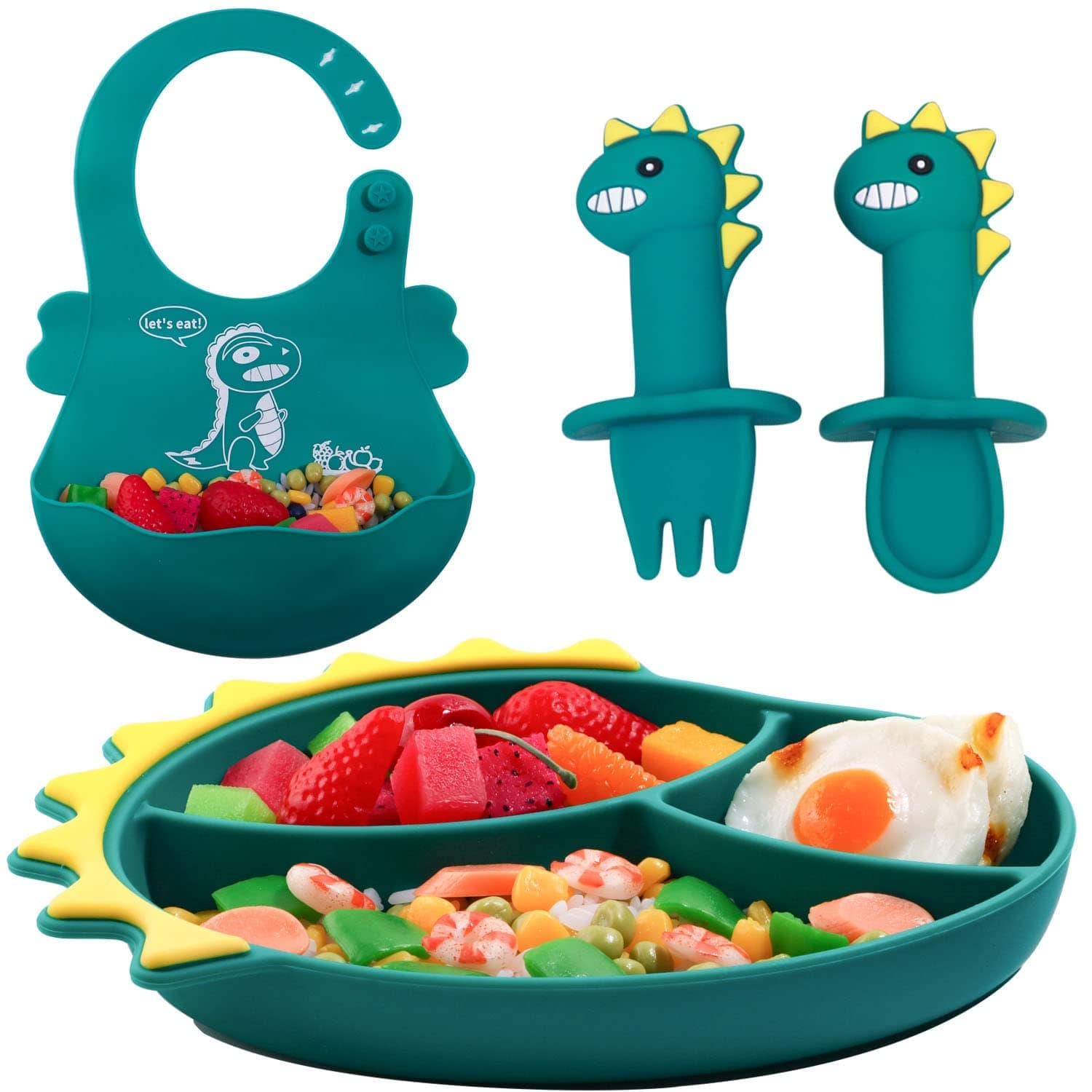 Jaffiust Toddler Silicone Suction Cup Set with Fork and Spoon - Self Feeding Training Divide Plate and Bowl, Fits Infants and Toddlers, Fits Most Highchair Trays (C/Dark Green)