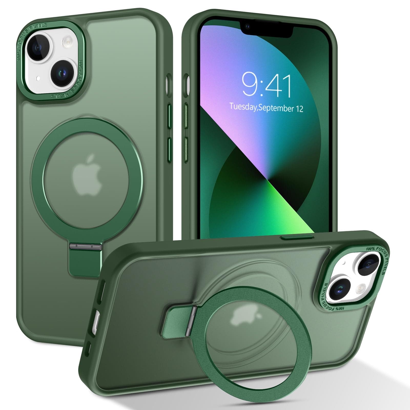 BENTOBEN Magnetic Case for iPhone 13/iPhone 14 with Stand[Compatible with Magsafe],Invisible Ring Stand Translucent Matte Back Military Grade Protection Shockproof Cover for iPhone 13/14, Green