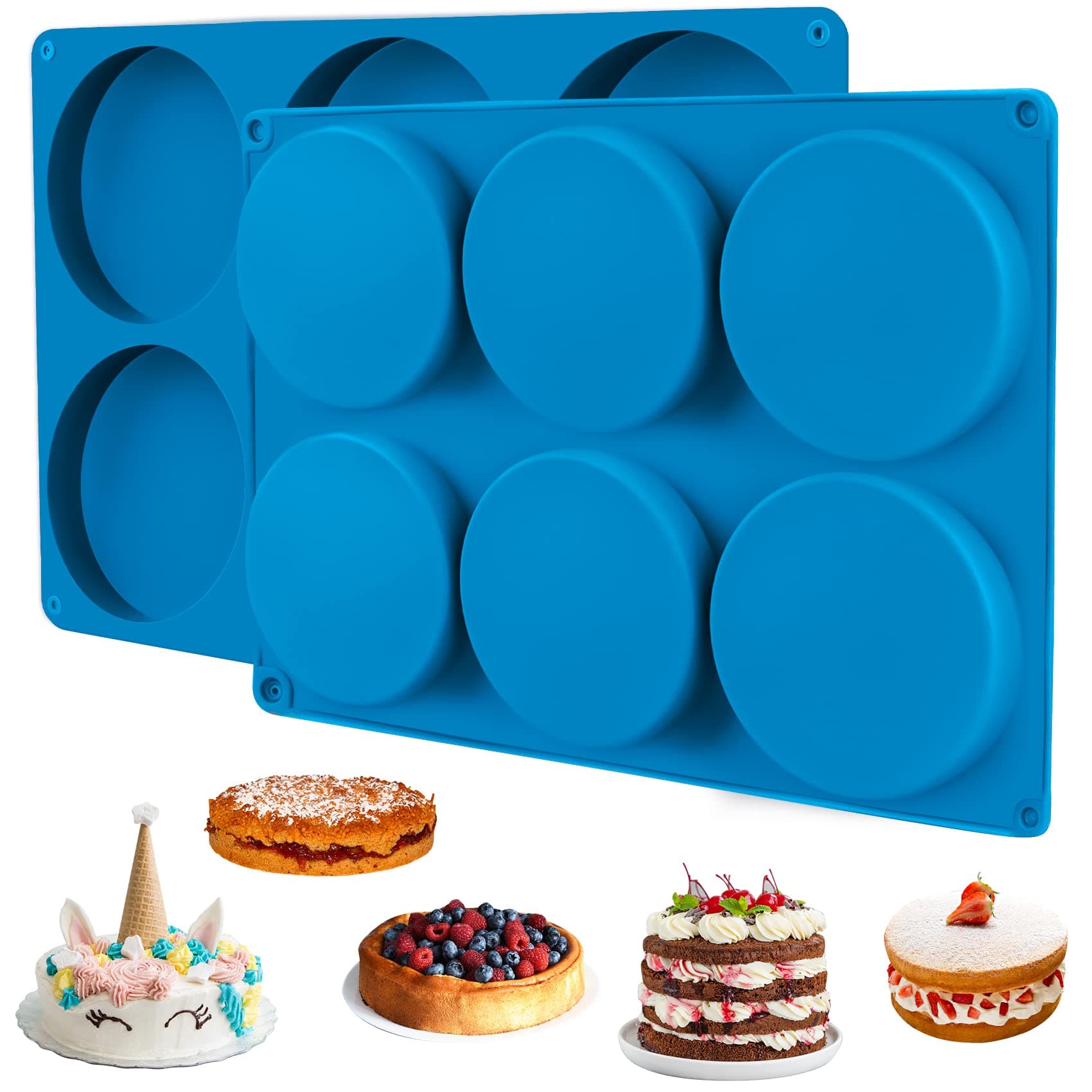 2 Pcs Large Silicone Molds for Baking, 6-Cavity Round Silicone Baking Mold, Non-Stick 4” Baking Disc Molds for Whoopie Pie, Egg Pan,Muffin, Candy, Soap, Hamburger, Resin Coasters (Blue)
