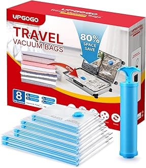 UPGOGO Vacuum Bags for Travel with Hand Pump,Vacuum Travel Bags for Luggage,Vacuum Seal Bags for Clothing,Space Saver Vacuum Storage Bags,Travel Essentials,Clothes,Blankets,Pillows (Combo 8 Pack)