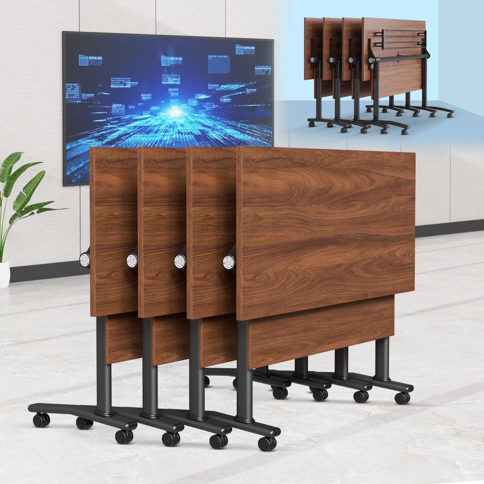 6-8 Person Conference Table Folding Conference Table for Office,Training, Seminar,Schools Modern Wood Conference Meeting Room Table Large Rectangular Conference Room Tables (4, Walnut, 55in)