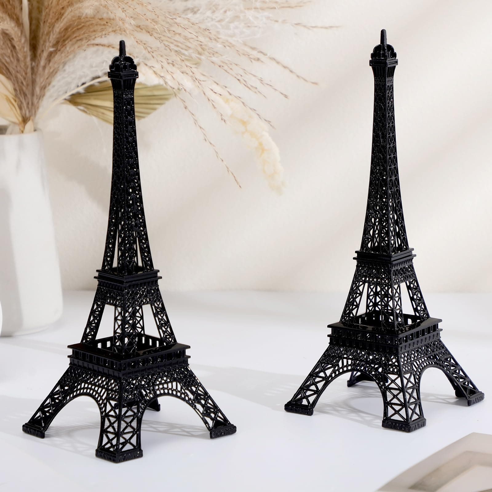 Therwen 2 Pack Eiffel Tower Metal Paris Eiffel Tower Figurine Replica Stand Holder for Party Decoration Cake Topper Bedroom Room Home Table Valentine Gift(10 Inch,Black)