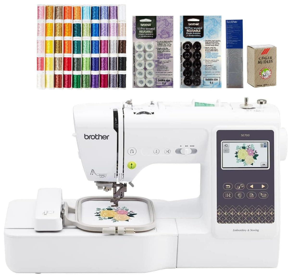 SE700 Sewing and Embroidery Machine, 50-Piece Designio Thread Set, 20 Bobbins, 100-Piece 75/11 Embroidery Needles, Stabilizer Roll