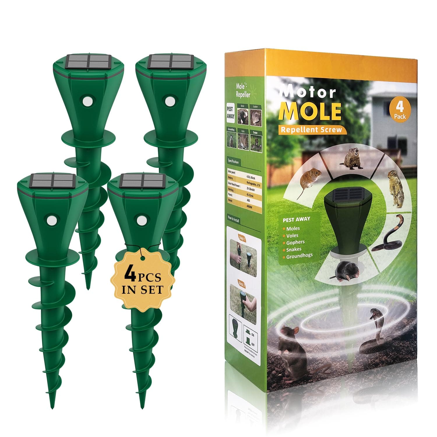 Solar Powered Mole Repellent for Lawns 4 Pack，IP65 Waterproof Mole Snake Repeller, Noiseless Design Vibrating Stake, Repels Outdoor Snakes Gophers Moles