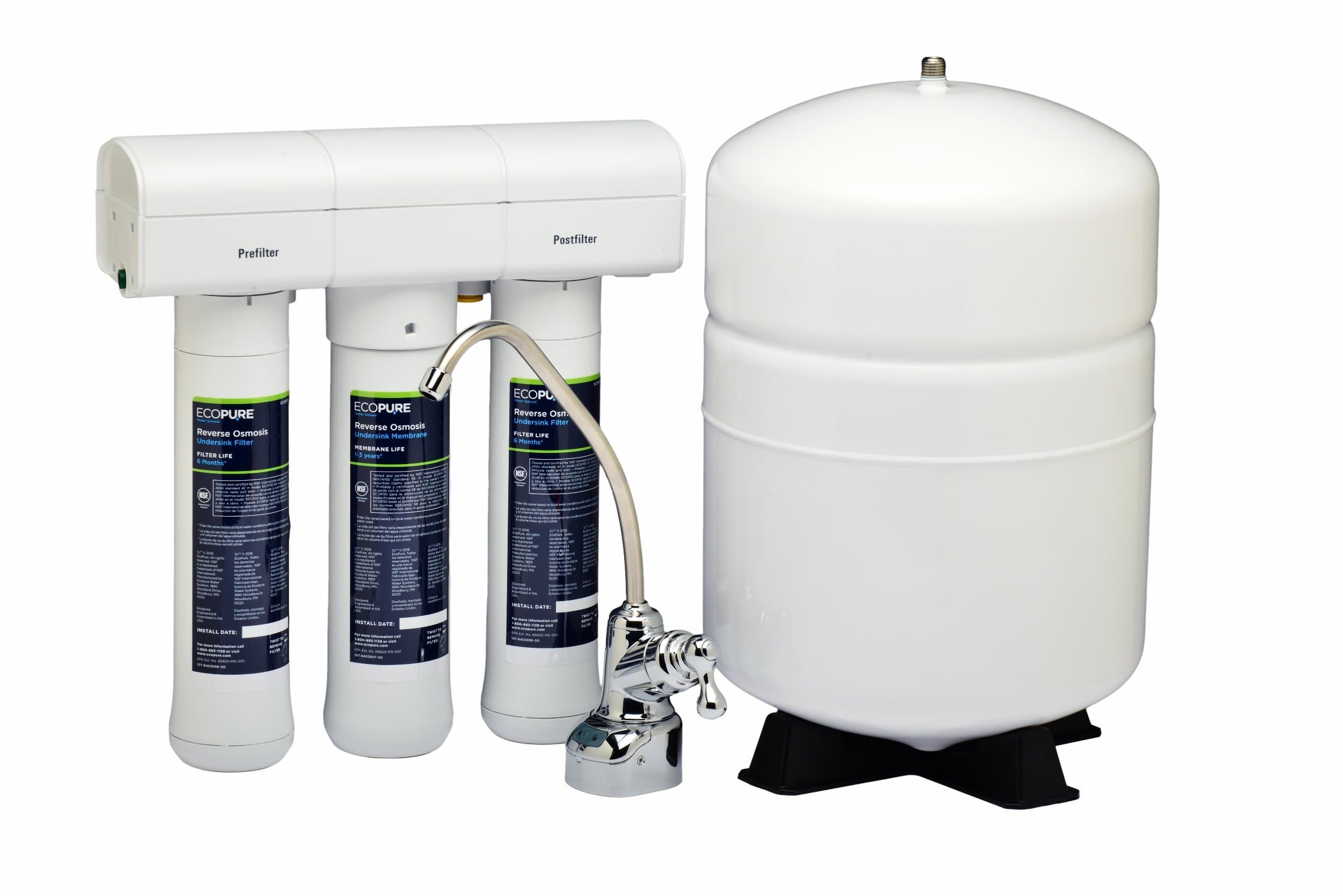 EcoPure ECOP30 Premium 3-Stage Reverse Osmosis Undersink Drinking Water Filter System