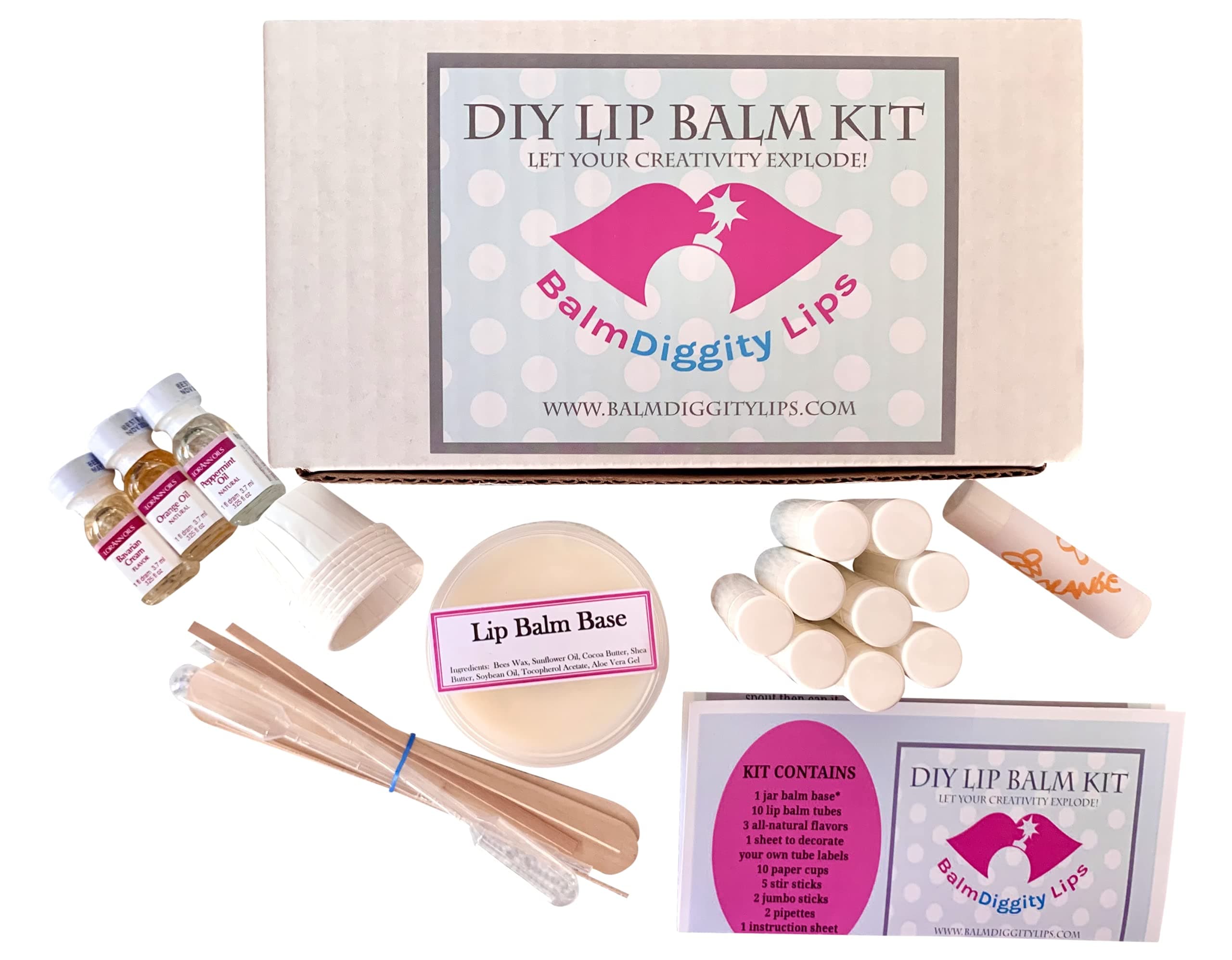 Lip Balm making kit DYI 55 piece set, make 10 Chap Sticks, includes melt and pour balm and all you need to craft Balmdiggity Lips