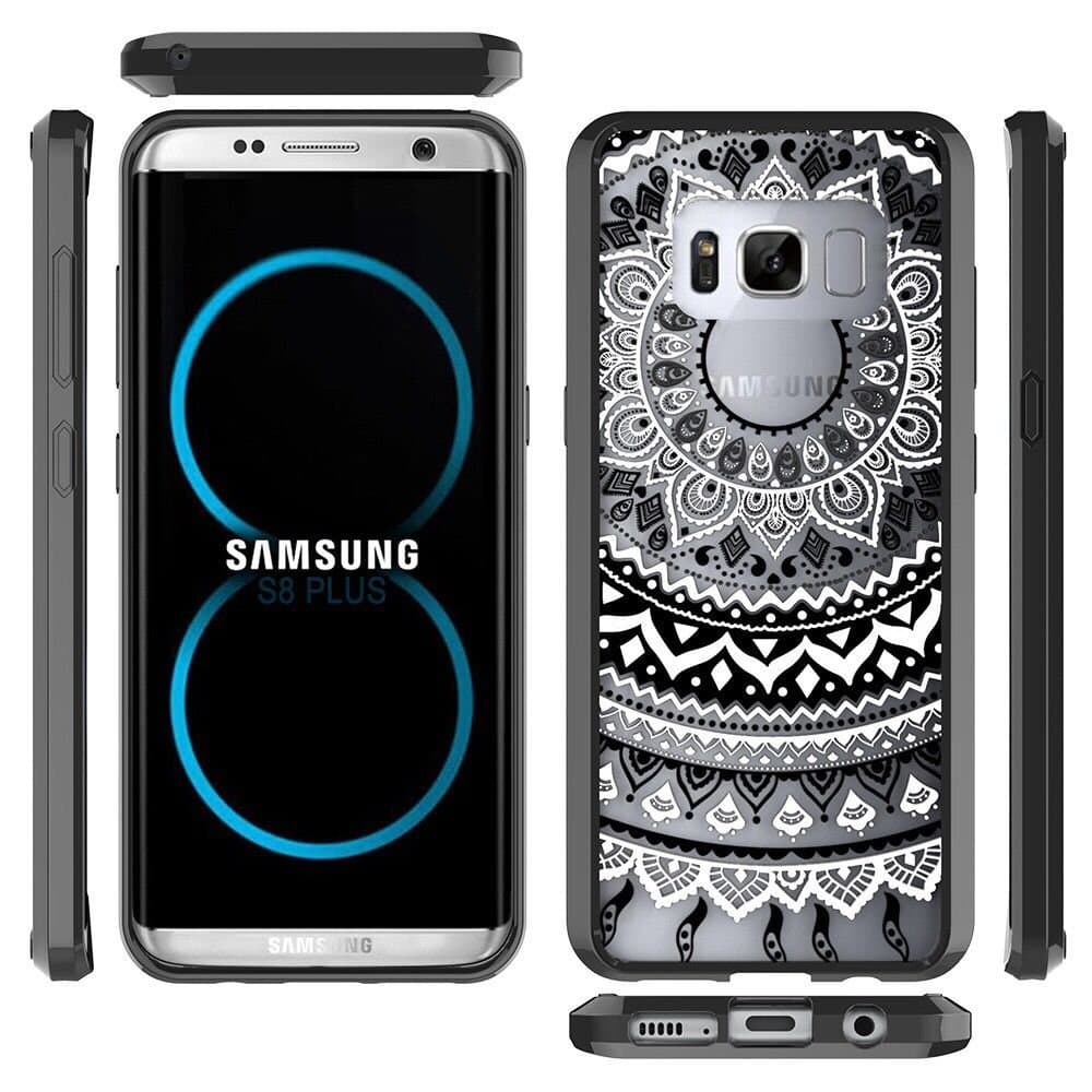 S8 + Case,Samsung Galaxy S8 Plus Case - Retro Totem Mandala Floral Pattern Clear [Acrylic] PC Hard Back TPU Silicone Soft Bumper Transparent Case Bubble Free Screen Protector Armor (S8 Plus, Black)