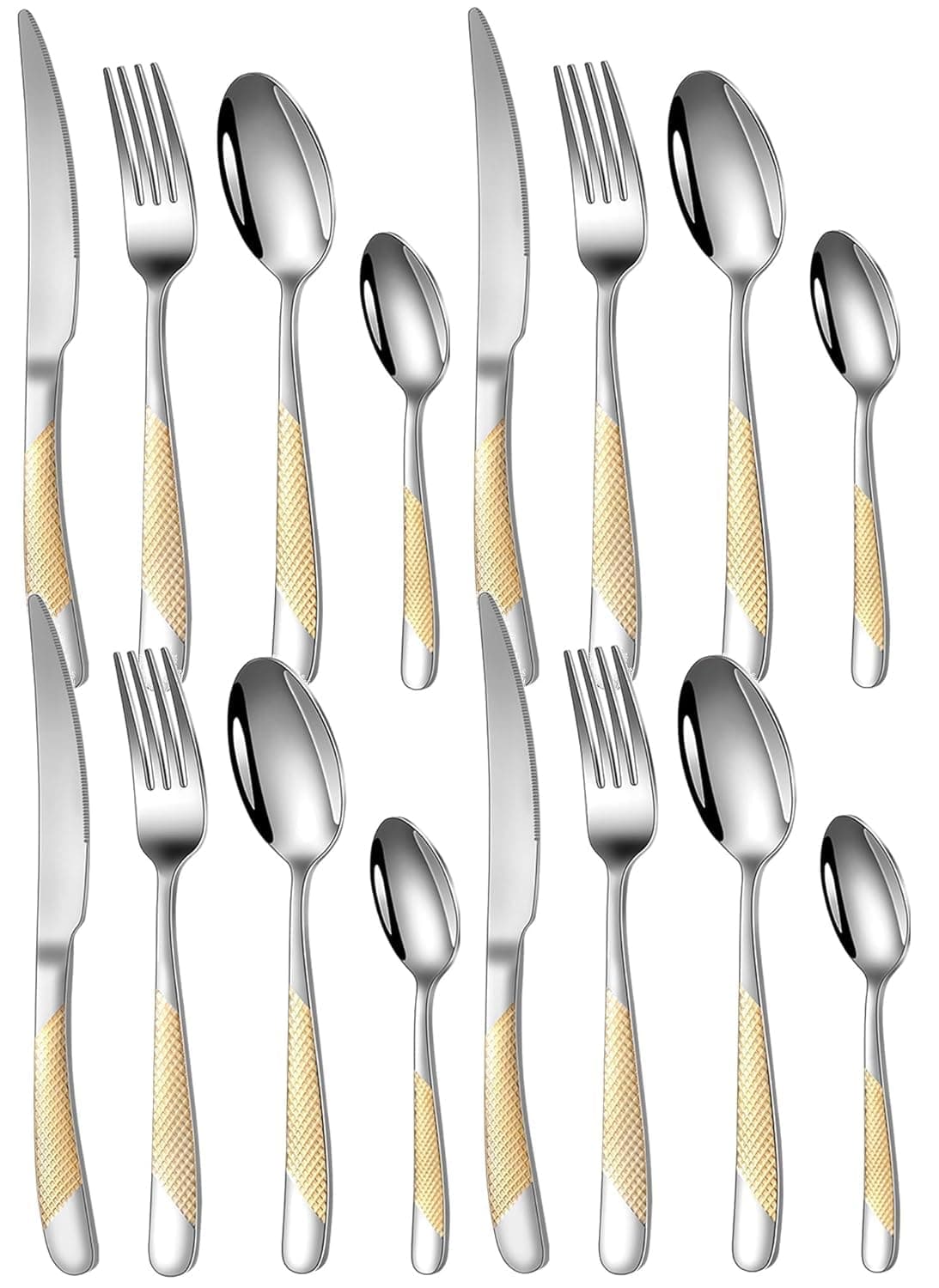 Mirror Finish Gold Plated Stainless Steel Flatware Set Copper Silverware Set Rose Gold Spoon Color Cutlery Set [Dinner Fork-Tea Spoon-Salad Spoon-Knife] Set of (Golden DOT, 16)