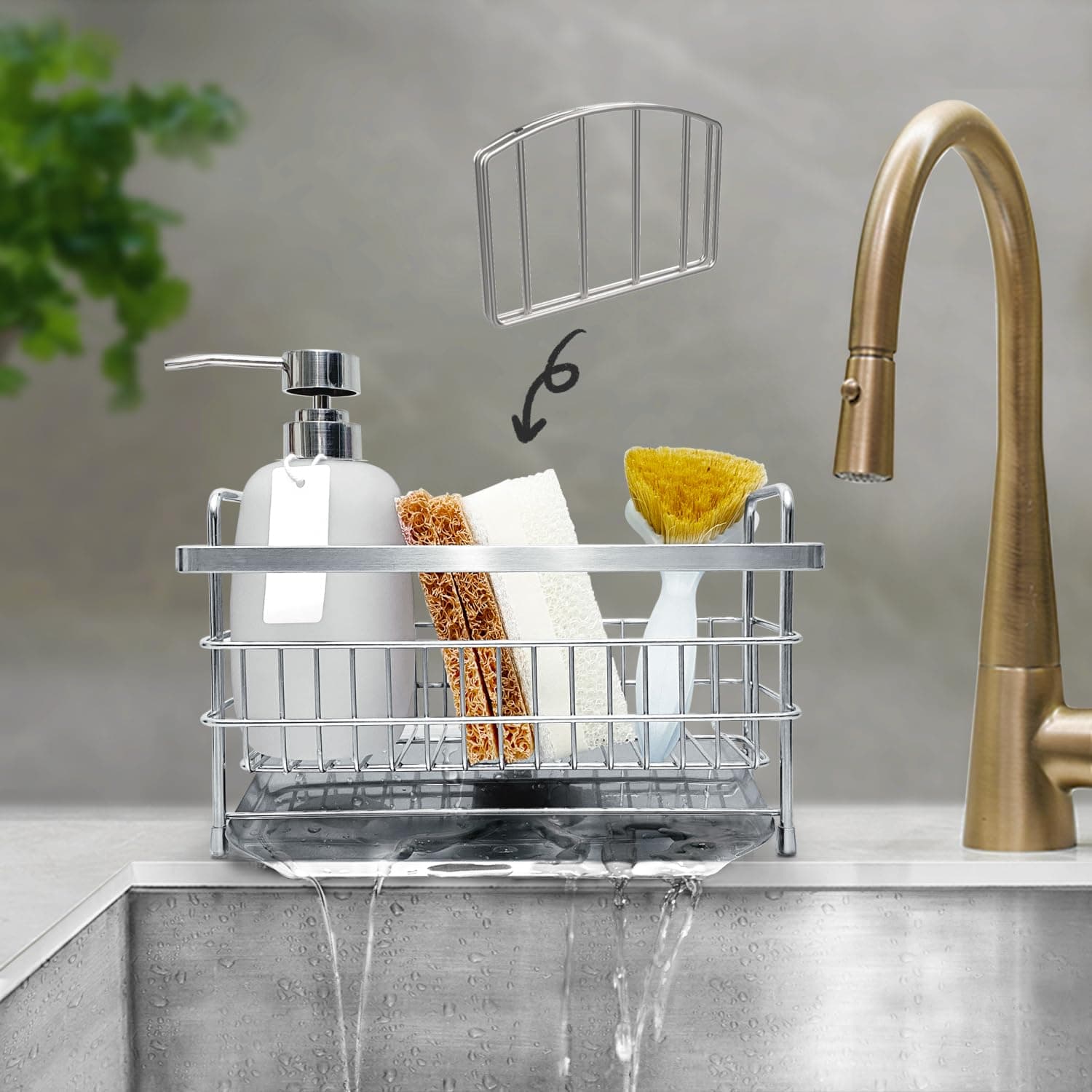 Soon NeatSink Caddy with a divider - Kitchen Sink Organizer - Quick Draining, Stainless Steel Tray