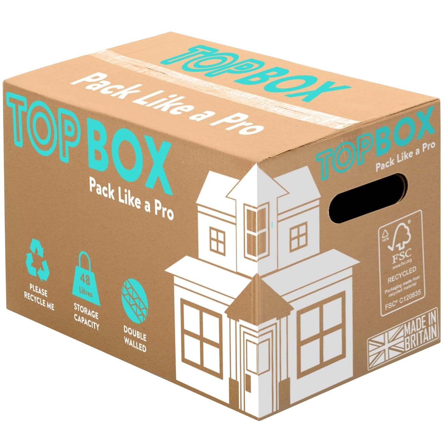 TOPBOX 10 Large Strong Moving Boxes – 48L Double Walled Cardboard Packing & Storage Boxes for Moving House, Shipping, Removal & Packaging | 53cm x 30cm x 30cm | Room Tick List, Handles & Recyclable