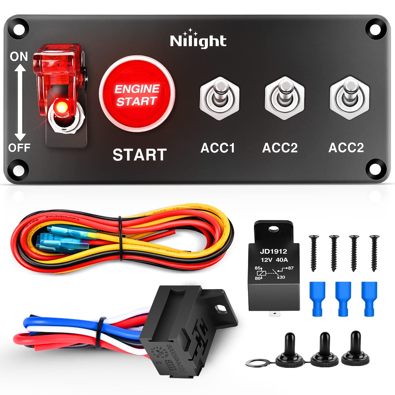 Nilight Ignition Rocker Switch Panel 12V 5 in 1 with Engine Push Button Toggle Switches with Relay Wiring Harness LED for RV Truck Racing Car Boat Marine Trailer