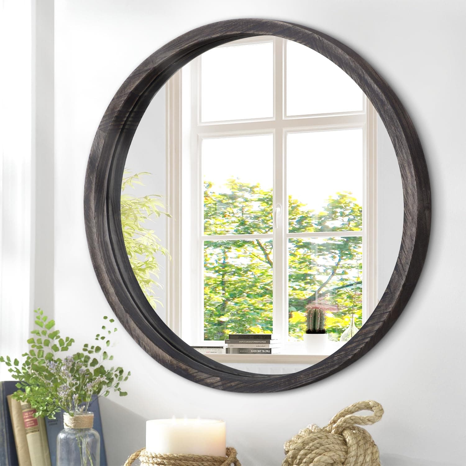 JJUYOU Rustic Black Circle Wall Mirror - Round Wall Mirror for Bathroom, Living Room, Vanity, Bedroom