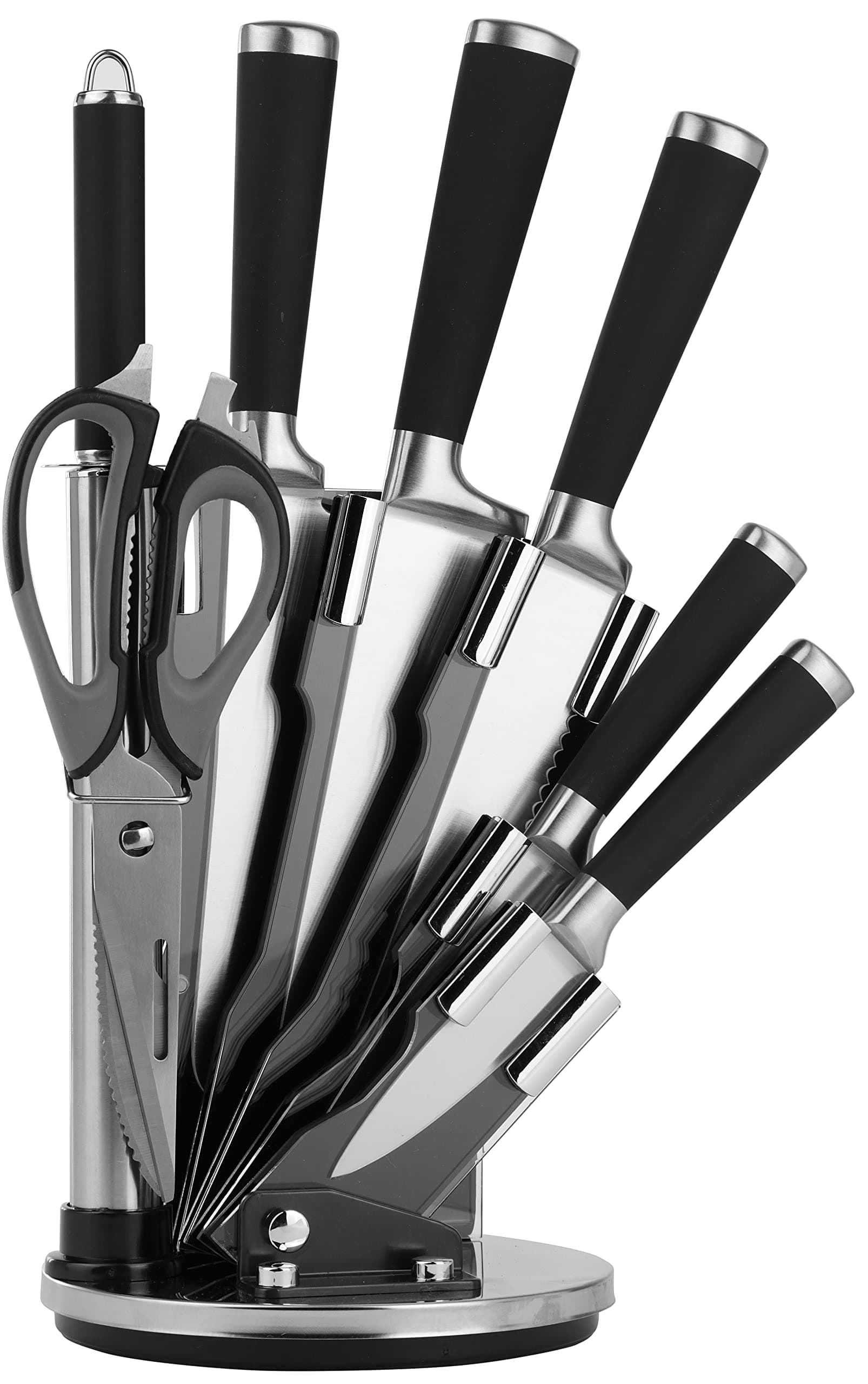 Knife Set with Rotating Block, Best Gift Set, Stain Resistant Stainless Steel, Includes Cleaver, Chef, Paring, Bread, Slicing & Utility Knives, Shears & Sharpening Rod, Comfortable Grip Handles, 8 Pc