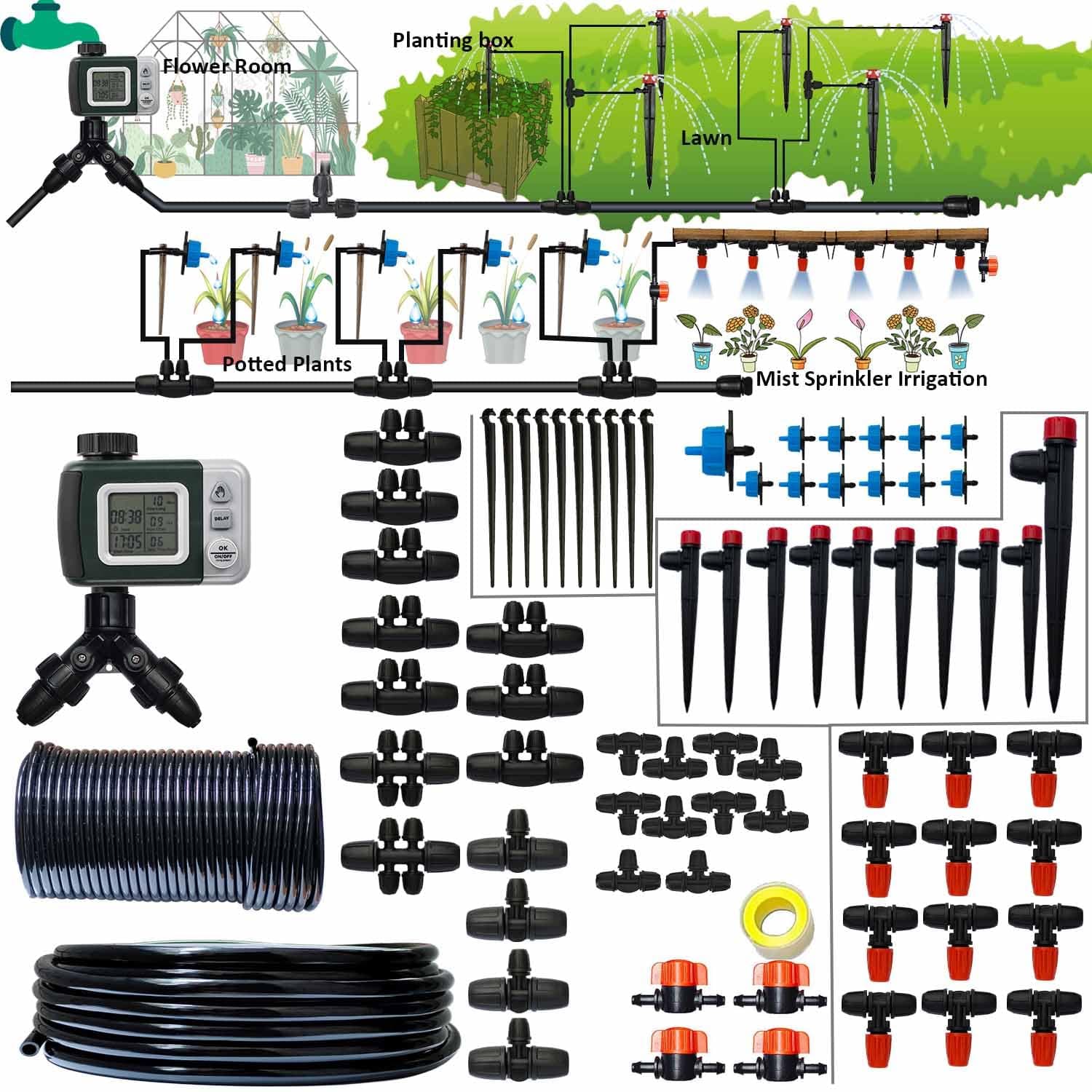 162ft Drip Irrigation System Kit 5/16“ID and 1/4 Inche Pipe Automatic Watering System with Water Timer Garden Adjustable Spray Watering for Greenhouse, Garden, Lawn, Potted Plants Green