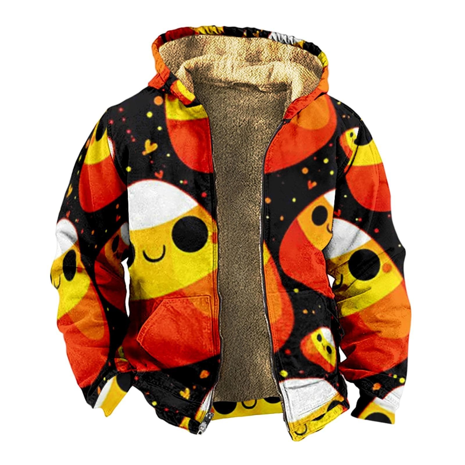 StrungtenWinter Jackets For Men Pattern Print Full Zip Fleece Jacket Basic Running Jacket Warm Jackets Loose Lumberjack Jacket With Hood Stylish Hiking Jacket Oversized Hoodies Warm Motorbike Jacket