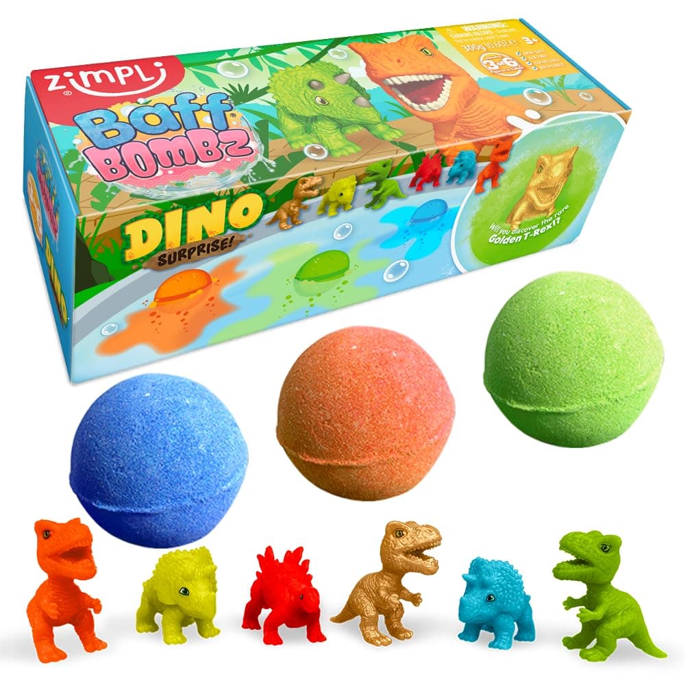 ZIMPLI - 3 x Large Dino Surprise Bath Bombs, 1 of 6 Surprise Dinosaur Toys to Collect, One per Baff Bomb, Bubble Bath Fizzies for Birthday, Xmas Gifts