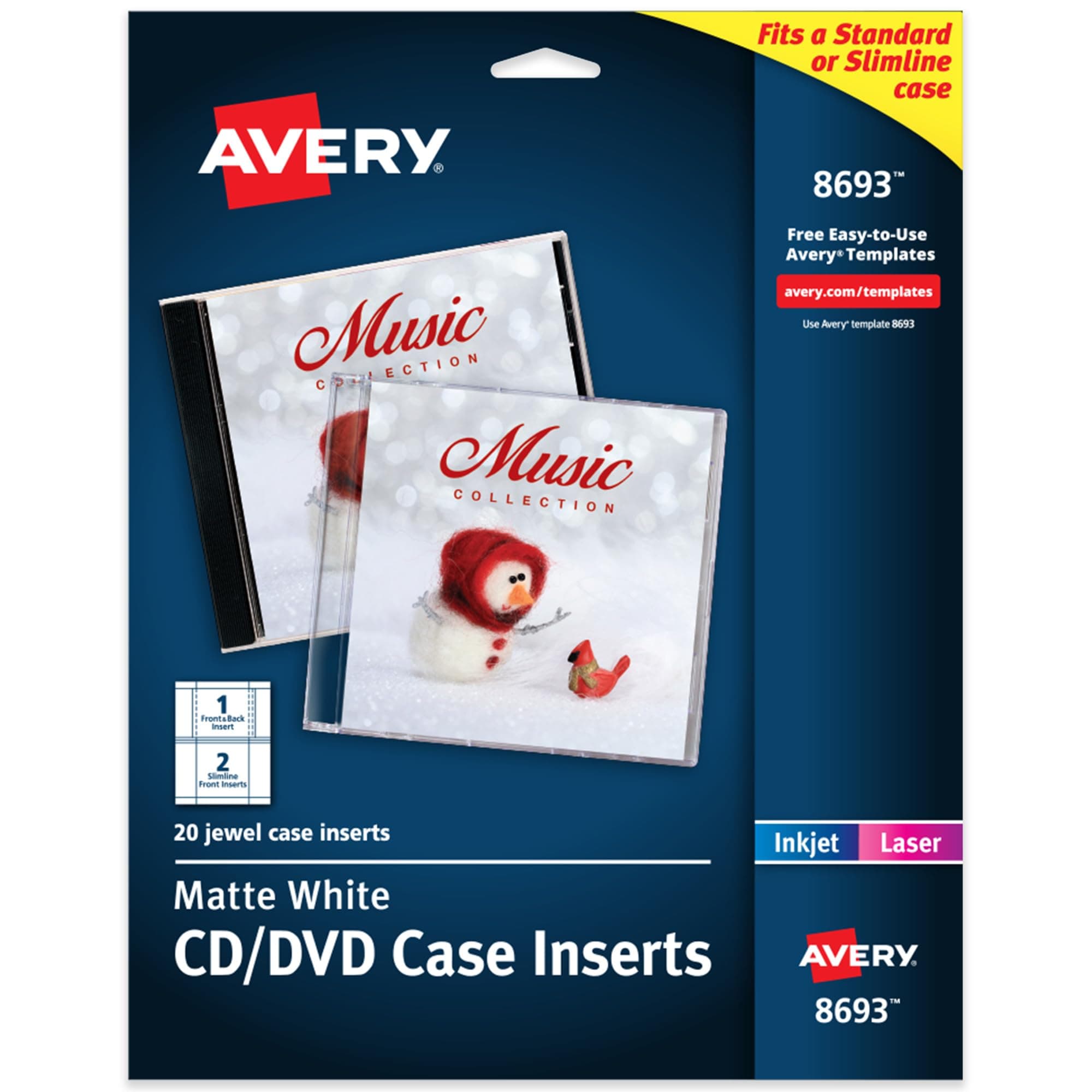 Avery Printable CD Jewel Case Inserts, Matte White, Laser & Inkjet Printer Compatible, 20 Standard and Slimline Inserts, Ideal for CDs, DVDs, Presentations, Portfolios, and More (8693)