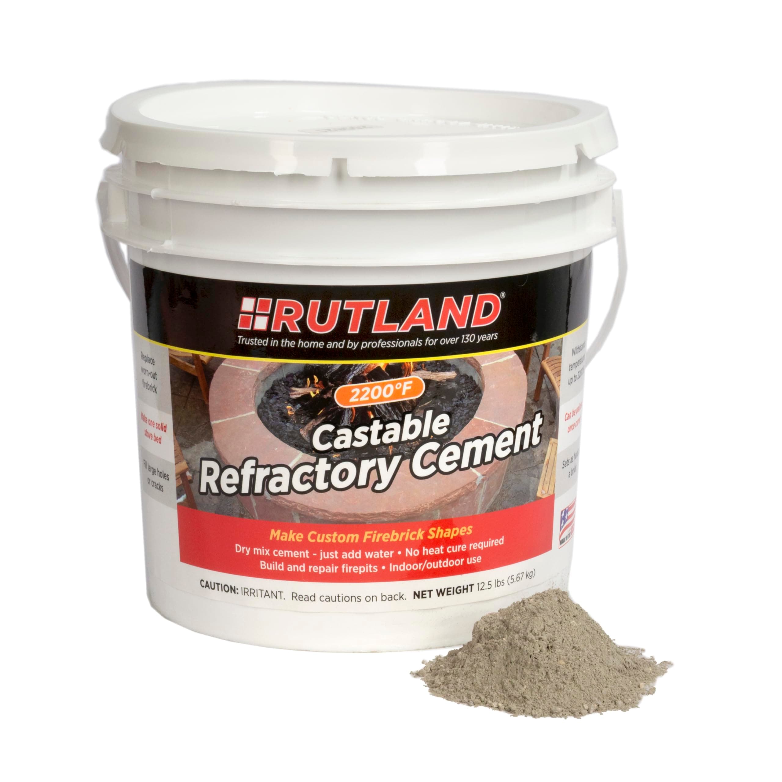 Rutland Castable Refractory Cement 12.5 Pound - High Temperature Fireplace & Woodstove Fire Cement - Cast Custom Fire Brick, Refractory Panels & Fire Pits, Pizza Ovens