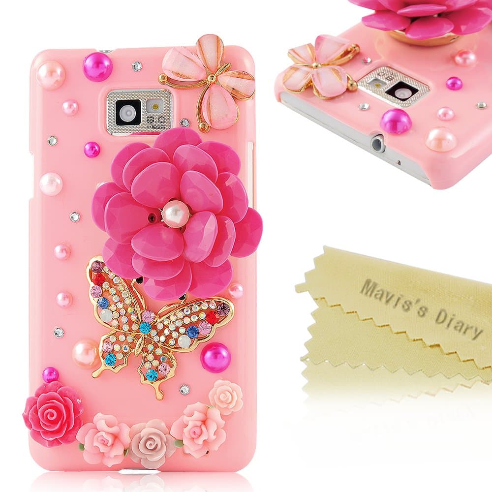 S2 Case, Galaxy S2 Case - Mavis's Diary 3D Handmade Bling Crystal Pink Flowers Colorful Butterfly Sparkle Glitter Rhinestone Hard Case Cover for Samsung Galaxy S2 i9100 Galaxy S 2 II Plus I9105 International Version with Soft Clean Cloth
