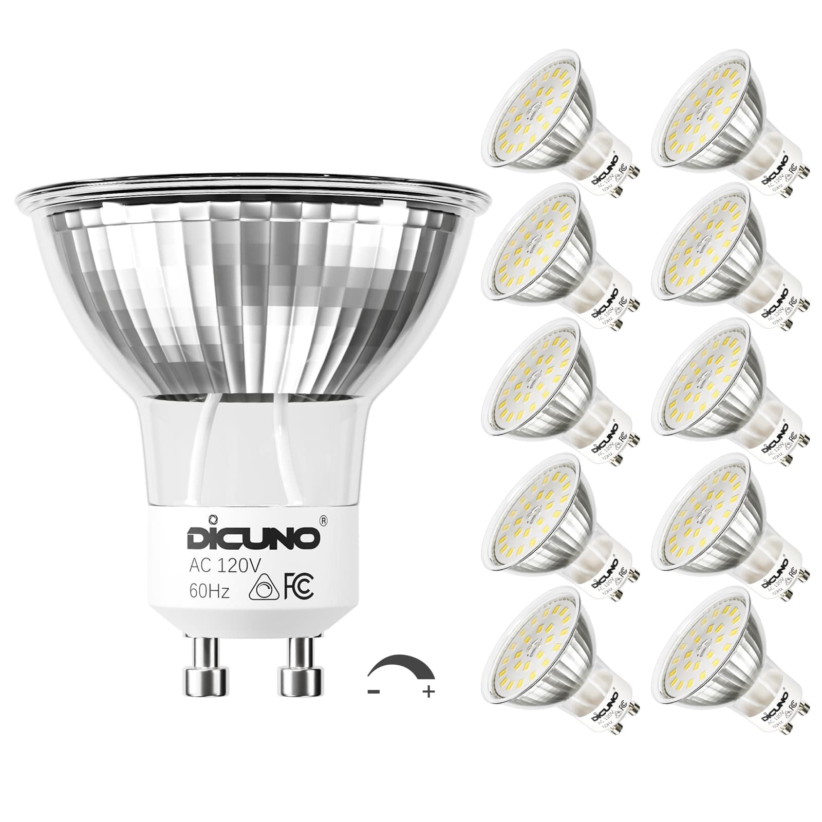 DiCUNO GU10 LED Bulb Dimmable, Daylight White 5000K, 60W Equivalent, High Brightness 700LM, MR16 GU10 LED Bulb for Track Lighting, 120V 6W Light with 120° Beam for Kitchen, Range Hood, Pack of 10