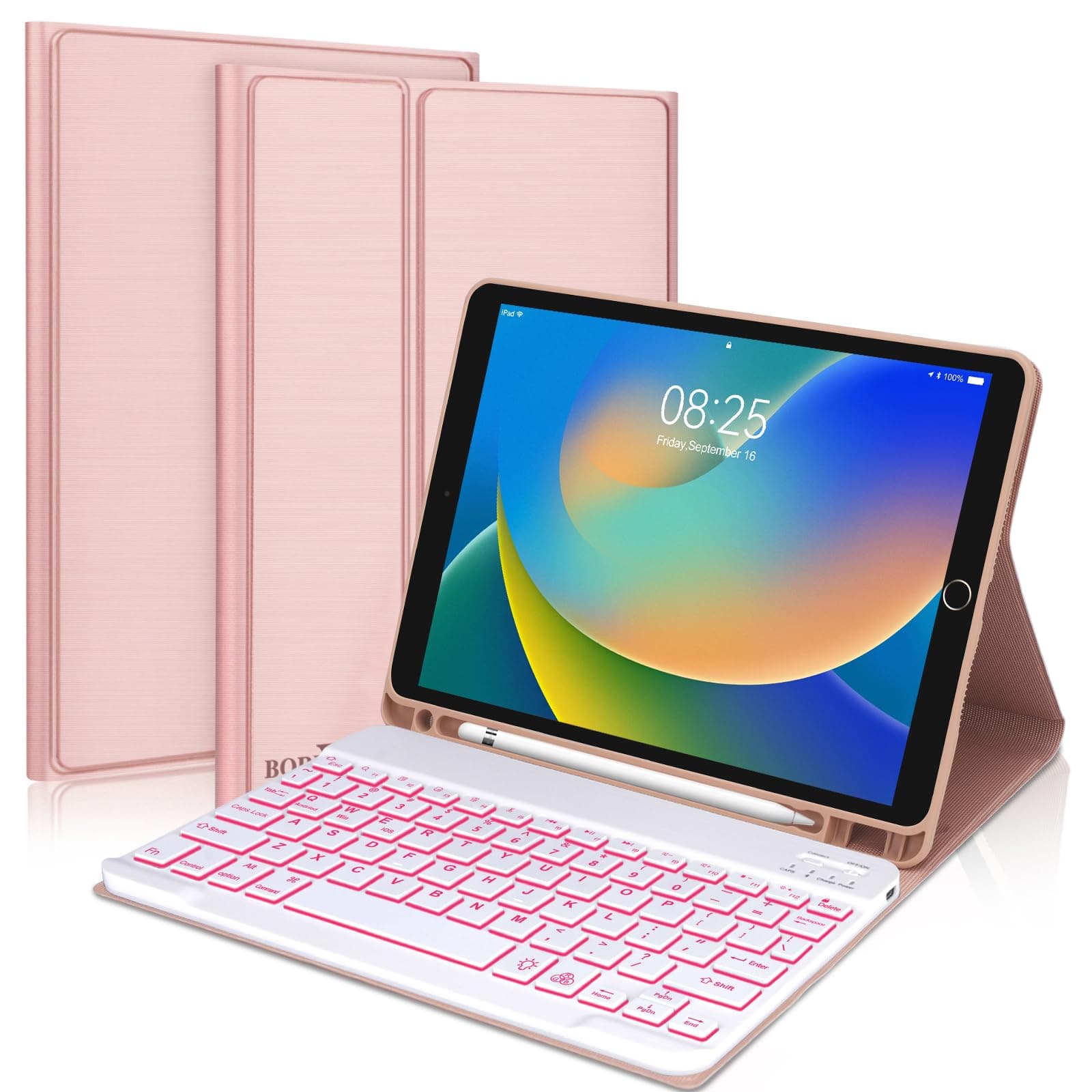 iPad 9th 2021/8th/7th Generation Keyboard Case, BORIYUAN 7 Colors Backlit Detachable Keyboard Folio Smart Cover for iPad 10.2"/iPad Air 10.5"(3rd Gen)/iPad Pro 10.5" with Pencil Holder –Champagne Pink
