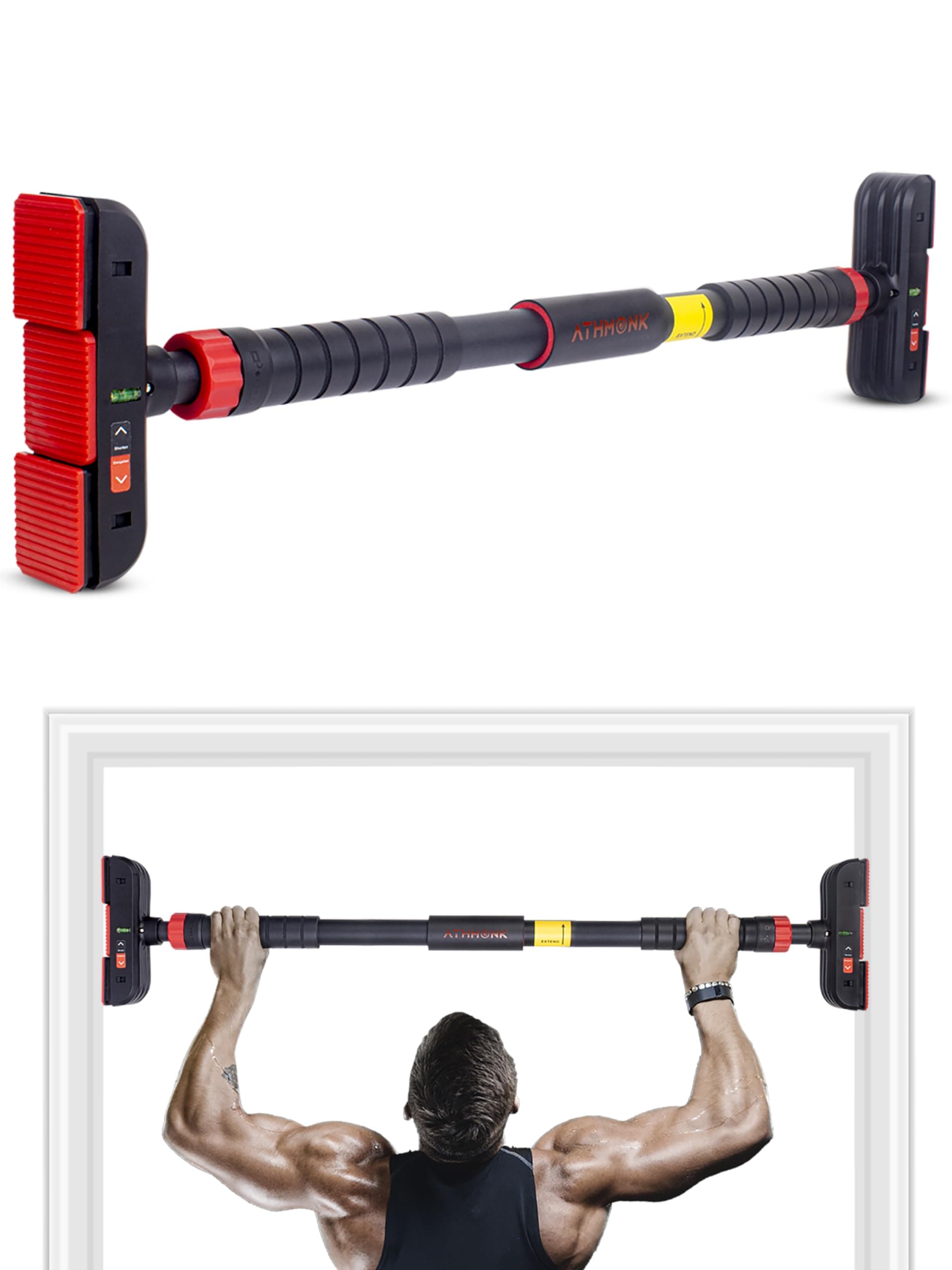 No Screw Pull Up Bar Rod for Home Door Mounted - Hanging Exercise Equipment Gym Workout for Men Women - Height Increase Kids - 200kg Load - 75-110 cm Adjustable - Heavy Duty Carbonised Steel