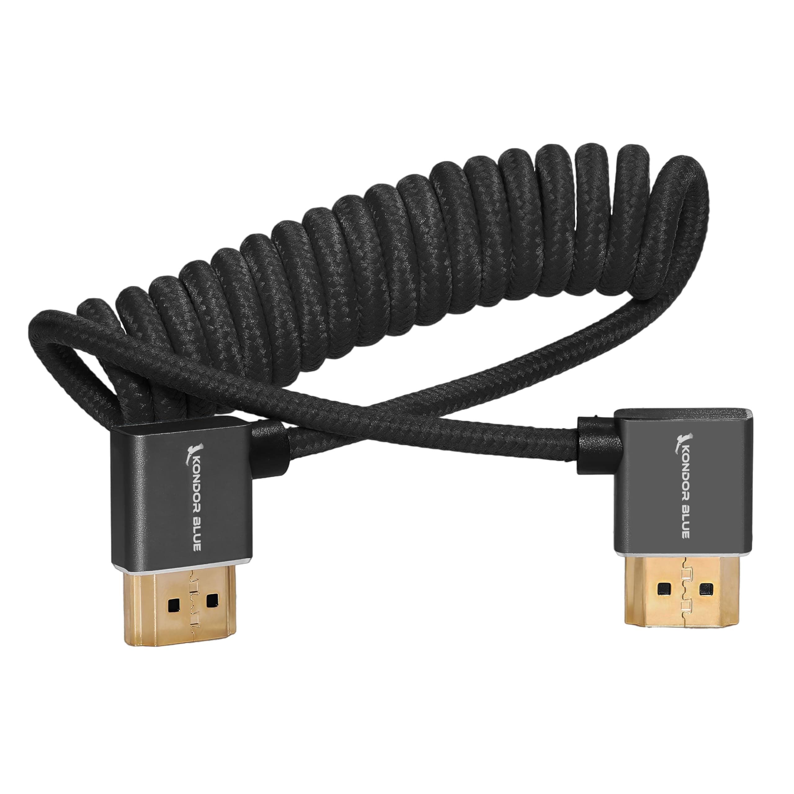KONDOR BLUE | Right Angle Full HDMI 2.0 Coiled Cable 12"-24" Braided | Type A Male to Male, 3D, 4K 60Hz, 18Gbps, HDR | for On-Camera Monitors & Recorders + More | Black