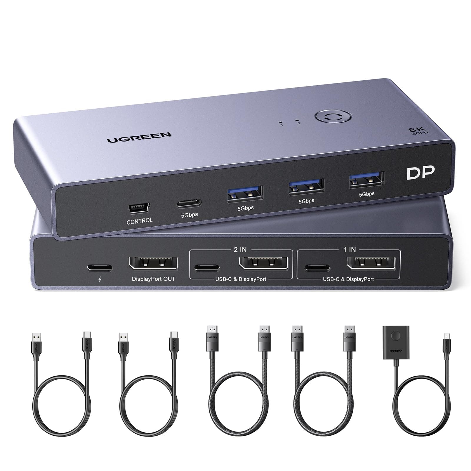 UGREEN DisplayPort KVM Switch 8K@60Hz DP USB 3.0 with 3 USB + 1 Type-C Switch 2 Ports for 2 Computers Share 1 Monitor Keyboard Mouse Hard Drives Printer with 2 DP Cables, 2 USB Cables and Controller