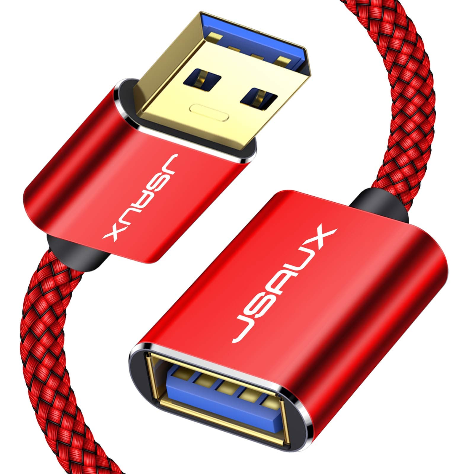 JSAUX USB 3.0 Extension Cable 10FT, USB A Male to Female Extension Cord Durable Braided Material Fast Data Transfer Compatible with USB Keyboard, Flash Drive, Hard Drive, PlayStation, Xbox-Red