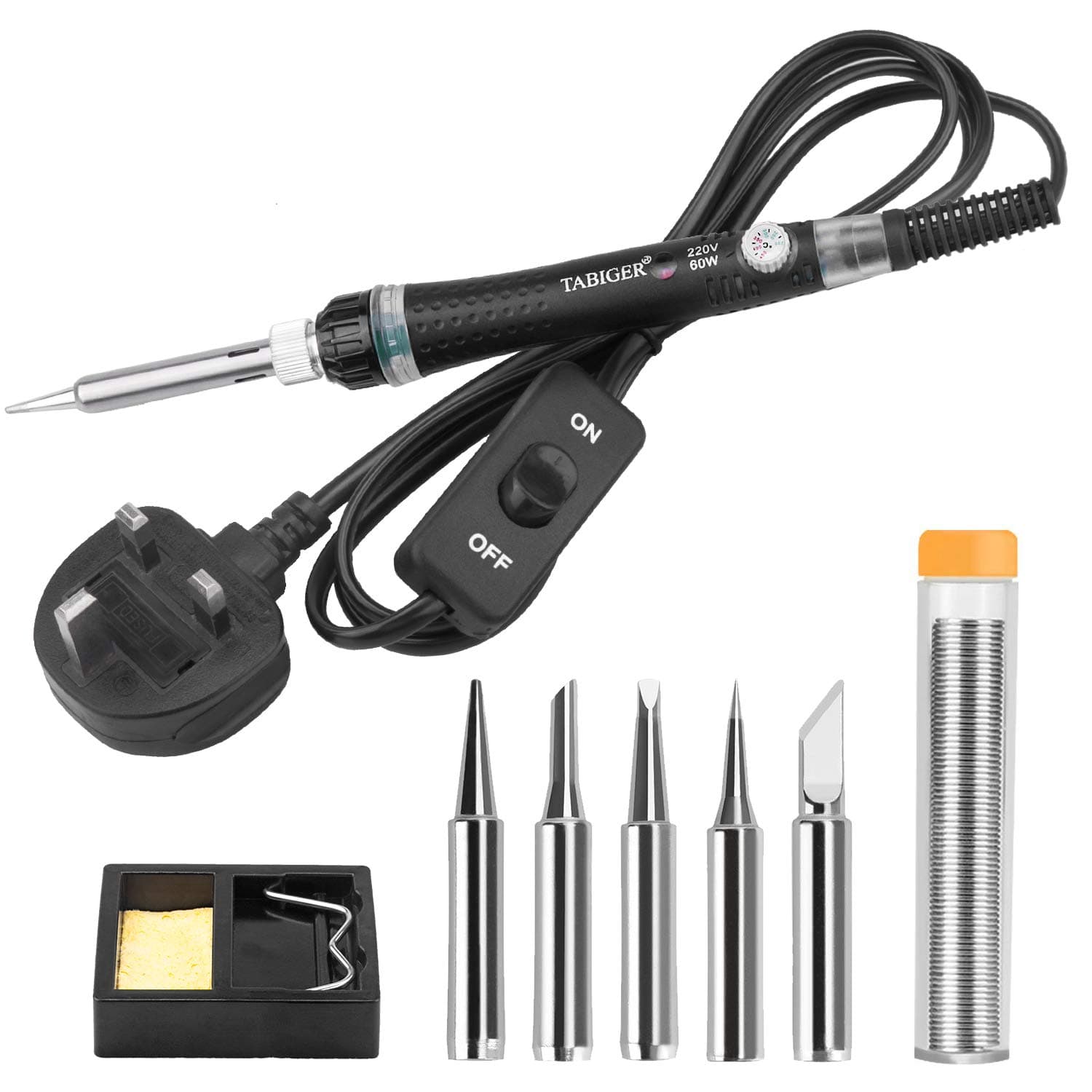 Soldering Iron Kit with Adjustable Temperature ON/Off Switch, 60W/220V Electronics Soldering Tool with 5PCS Soldering Tips, Solder Wire, Soldering Iron Stand with Sponge for Repair Usage