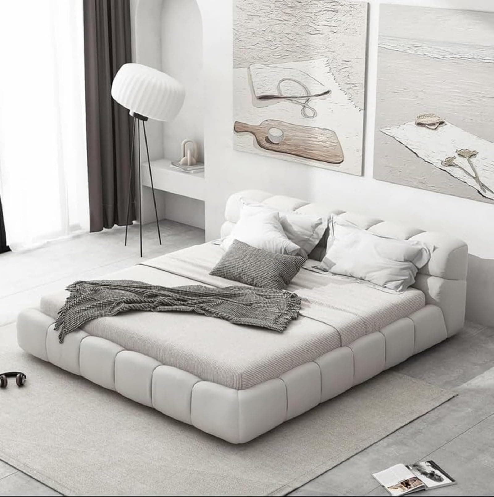 Modern Fabric Upholstered Bed Frame – Queen/King Size with Grey Square Headboard (No Mattress (White, 140x200cm)