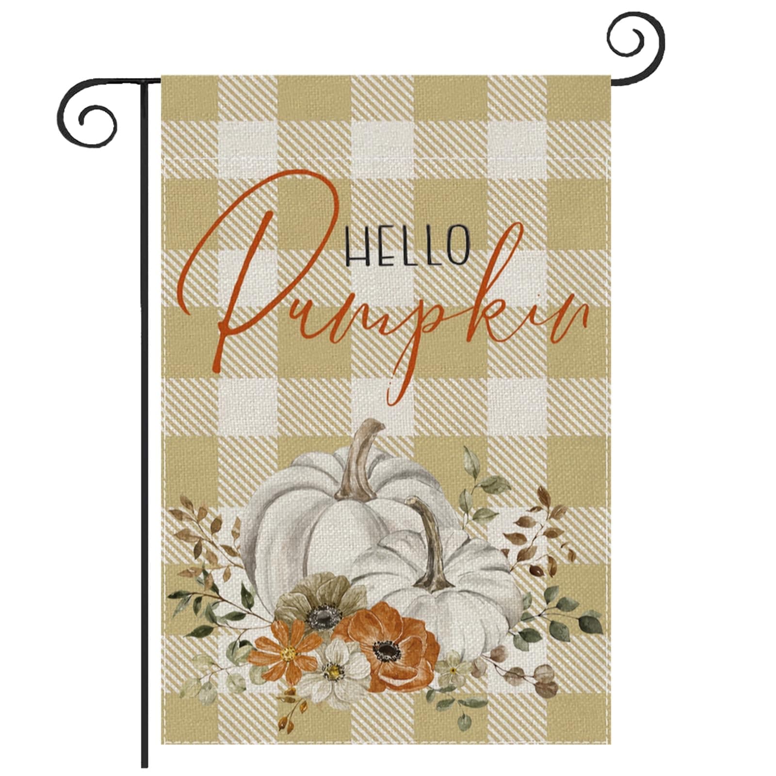 PartyBuzz Hello Pumpkin Green Plaid Fall Garden Flag