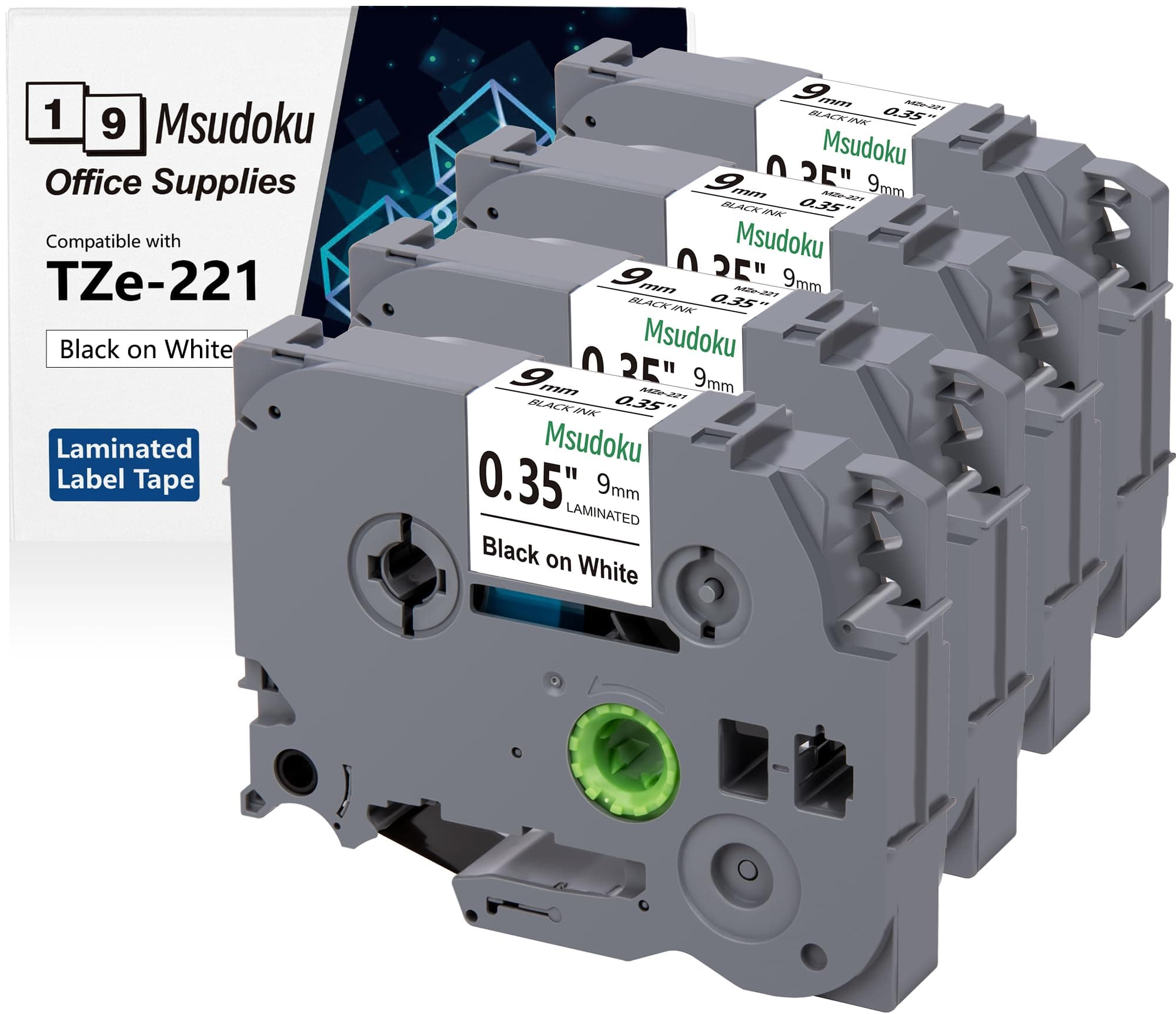 4-Pack Compatible for TZe-221 9mm 0.35" Laminated White Tape Compatible with Brother P Touch Label Maker TZe 221 TZ221 TZe Label Tape for PTD210 PTH220 PTD400 PTD600 PTH110 PT1290 Printer