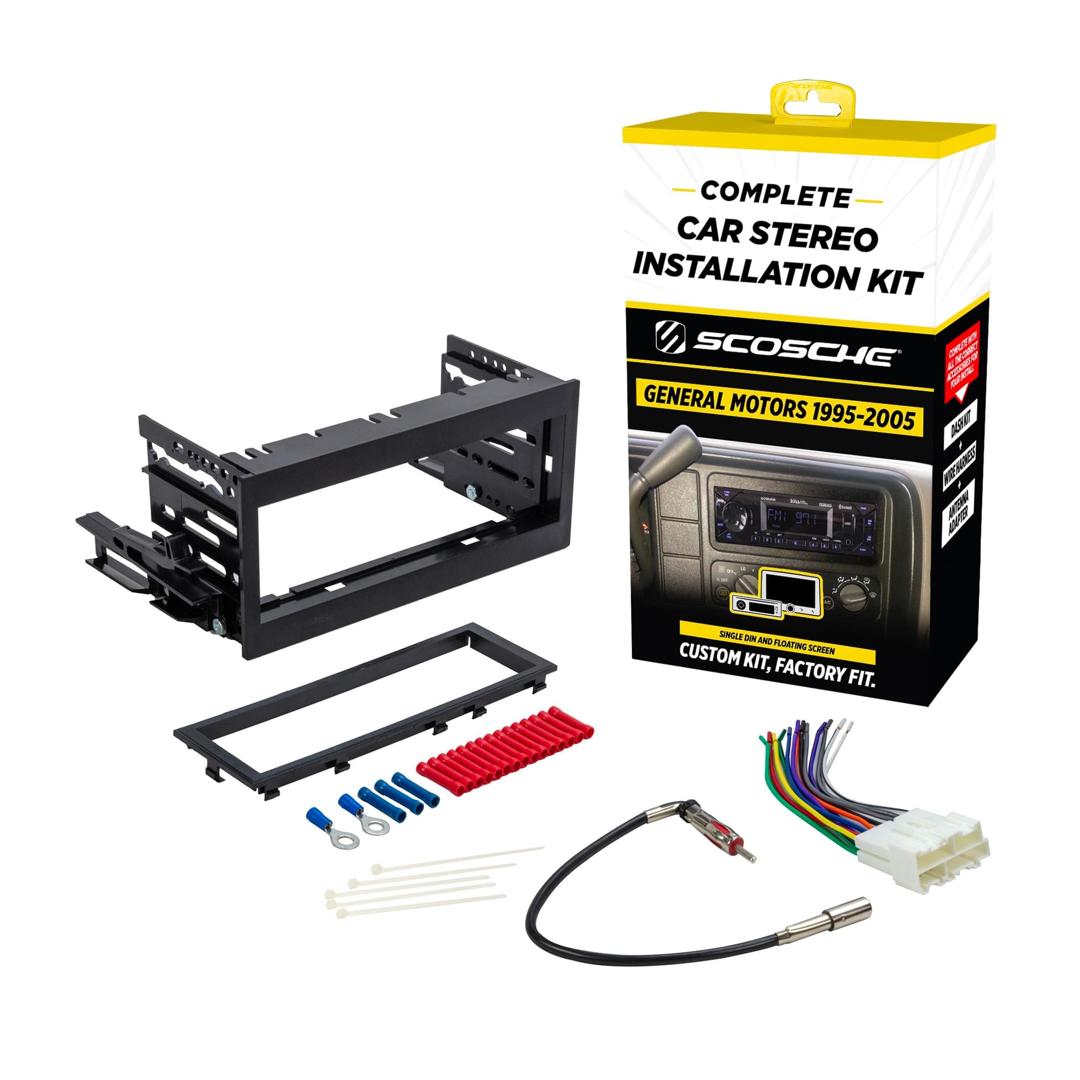 Scosche GM9505CS Complete Single DIN Stereo Installation Kit for Select Non-Amplified 1995-05 GM Full Size Trucks and SUV's - No Steering Wheel Remote - See Fit Guide in Images to Verify Your Vehicle