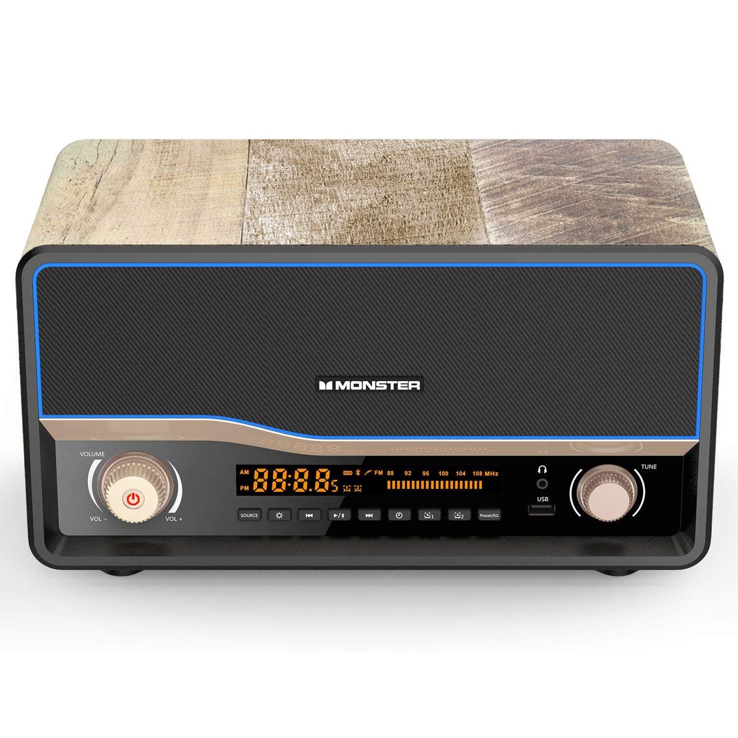 Monster Retro Bluetooth Speaker 4.0 Fast Qi Wireless Charging Radio, Bluetooth Pairing, Alarm Clock, AM/FM Radio and USB Charging Port